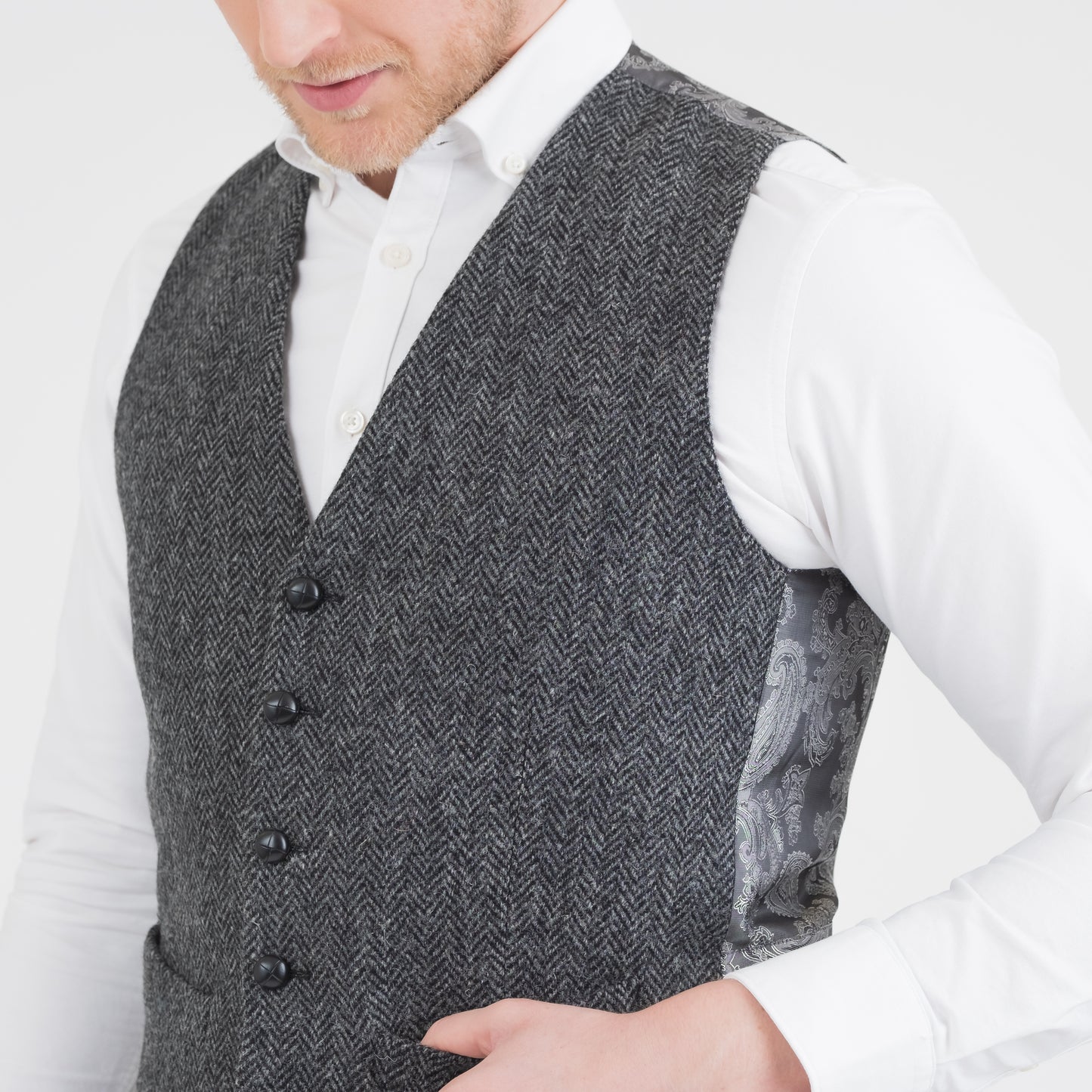 Harris Tweed Iain Waistcoat - Light Grey Herringbone
