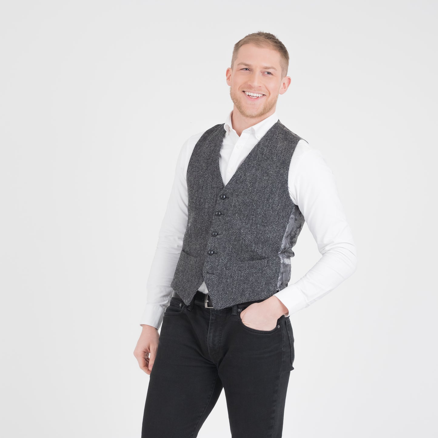 Harris Tweed Iain Waistcoat - Light Grey Herringbone