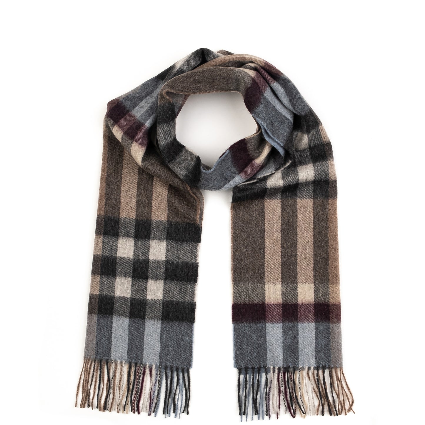 Cashmere Wide Scarf - Blue Taupe Tartan 2