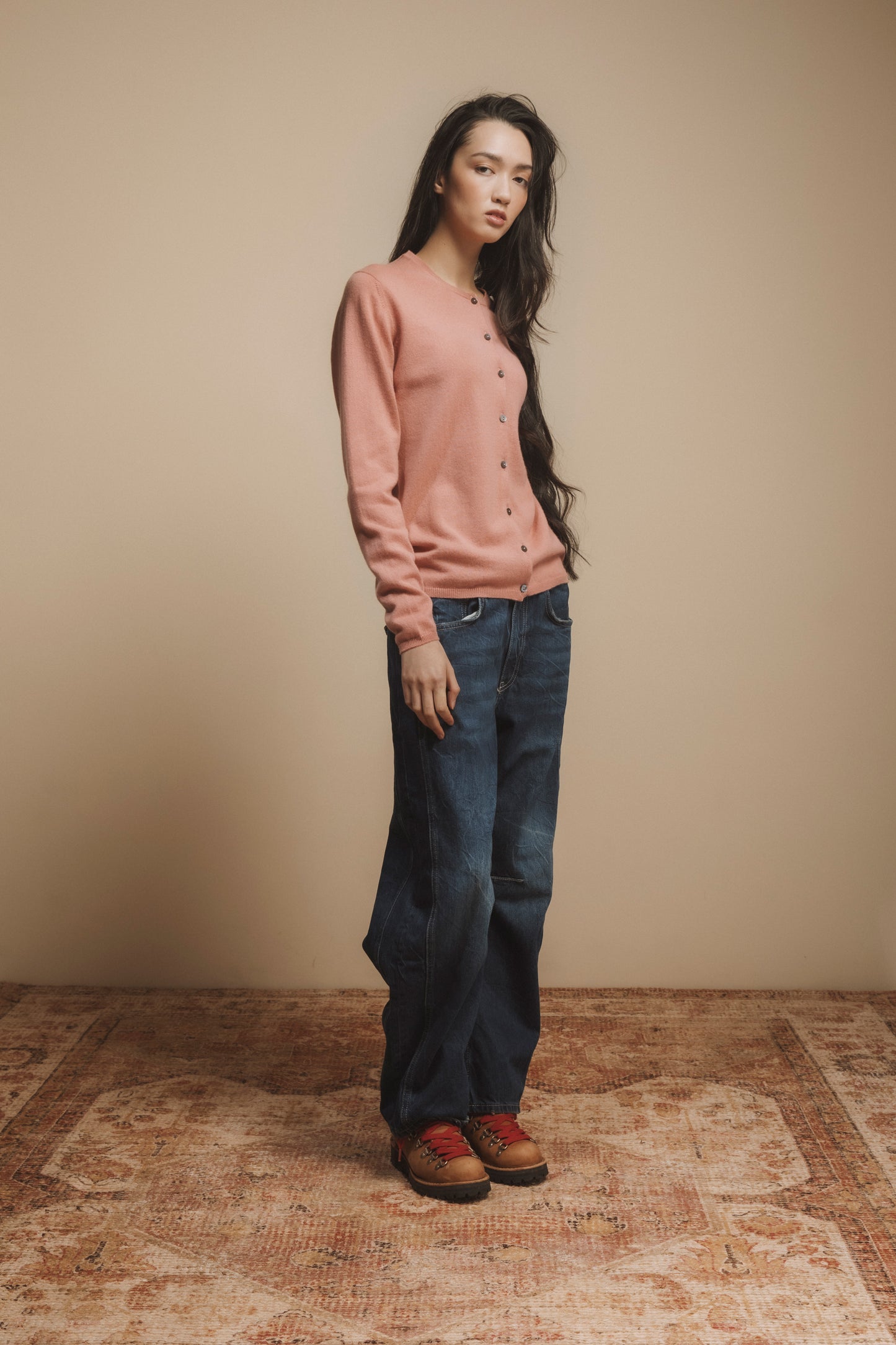 Made in Scotland Charlotte Cashmere High Button Cardigan - Dusky Pink
