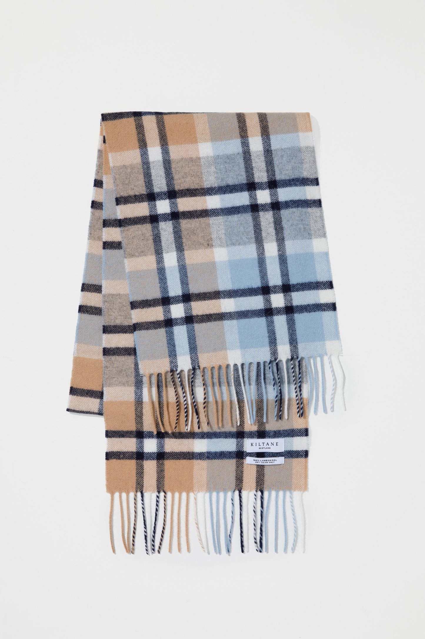 Kiltane Contemporary Check Lambswool Scarf in Sky Blue Camel Colinton plaid with fringed ends, folded flat on white background