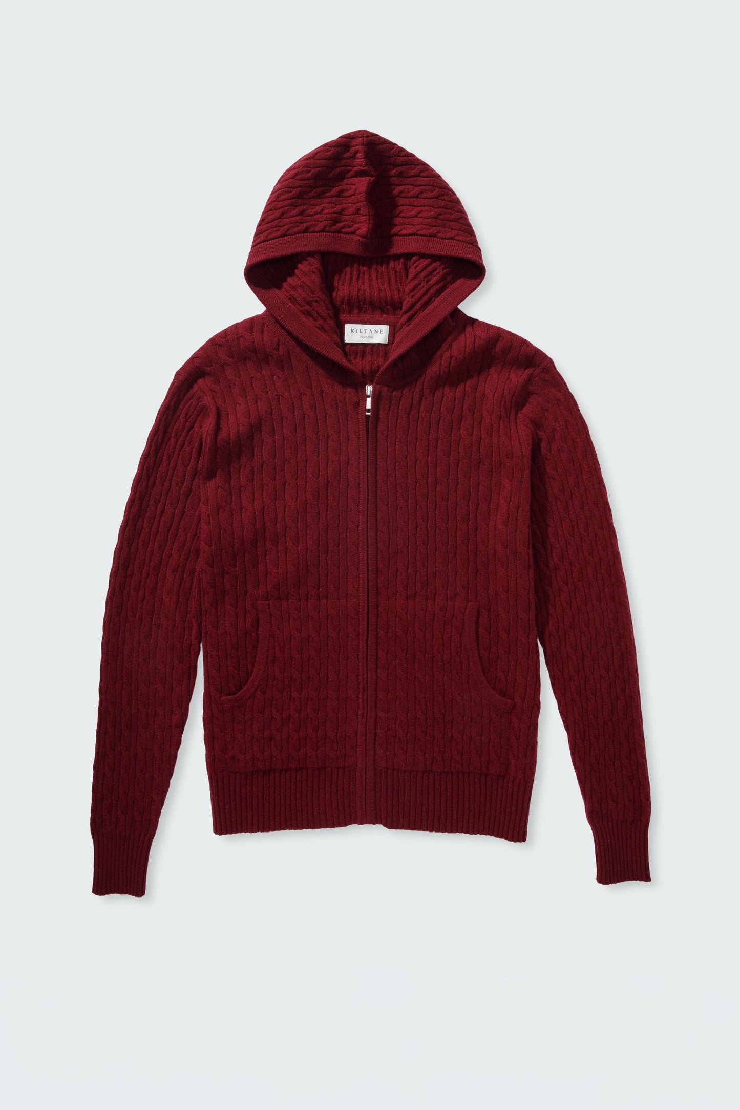 Unisex Cable Zip Cashmere Hoodie - Burgundy