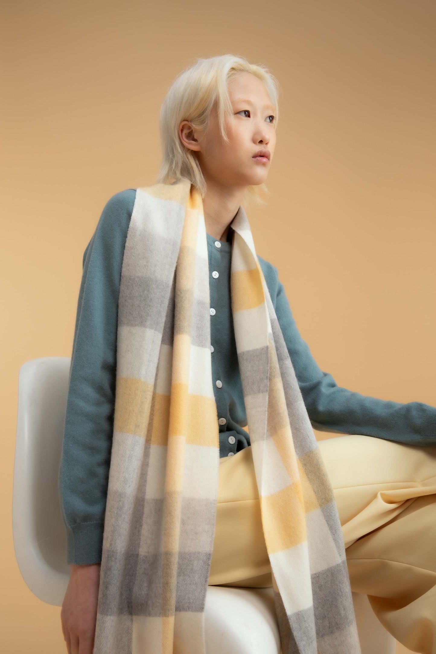 5 Square Check Cashmere Wide Scarf - Butter
