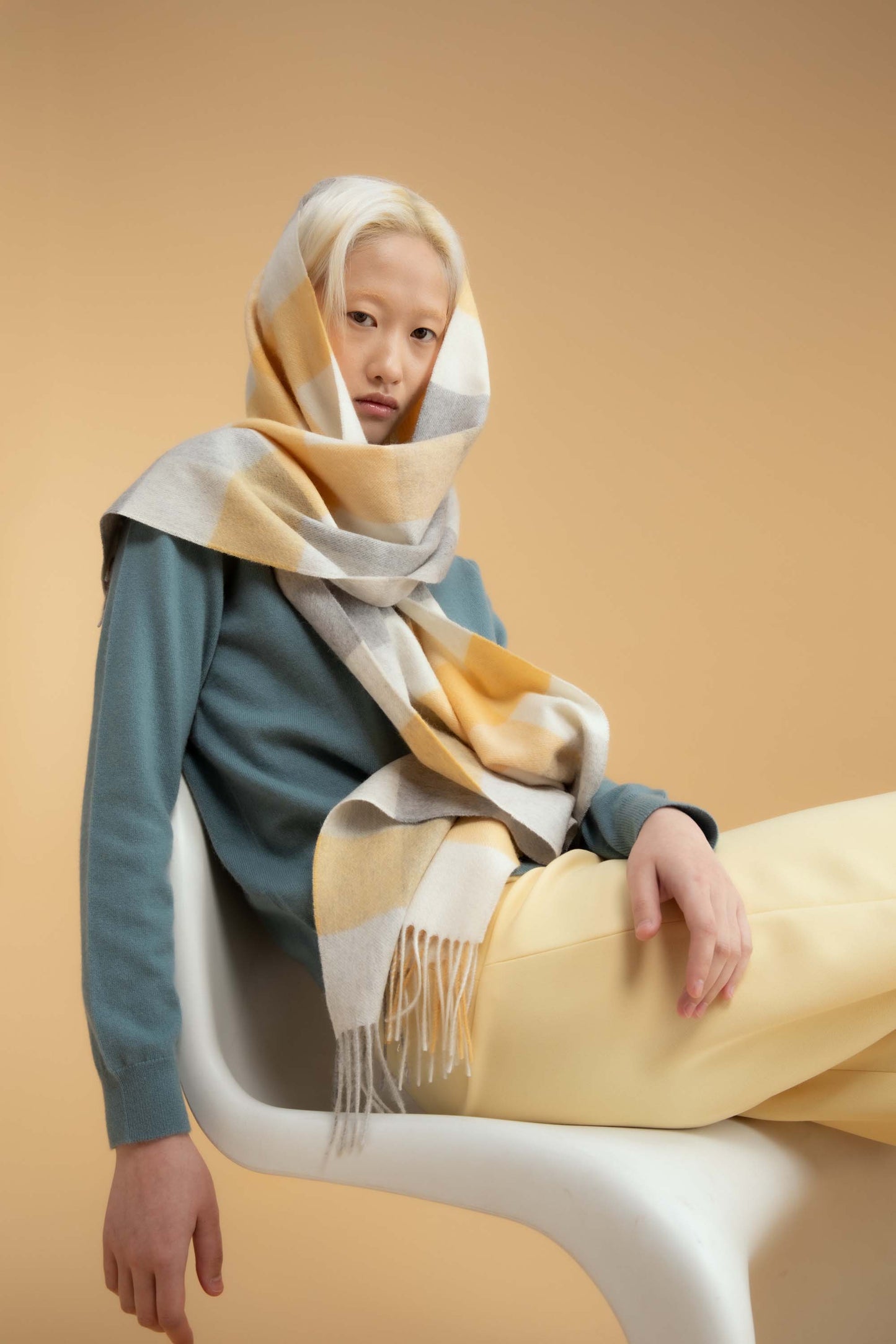 5 Square Check Cashmere Wide Scarf - Butter
