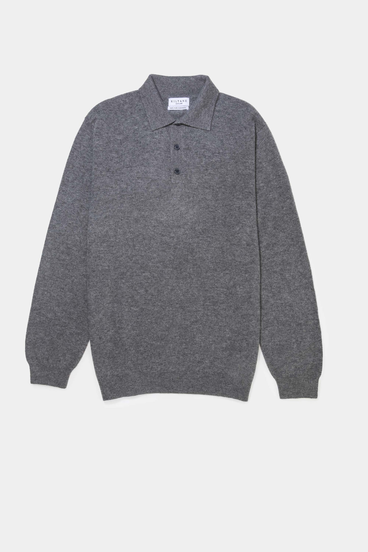 Kiltane Men's Long Sleeved Knitted Polo Shirt in Derby Grey laid flat, showing front placket with three-button closure