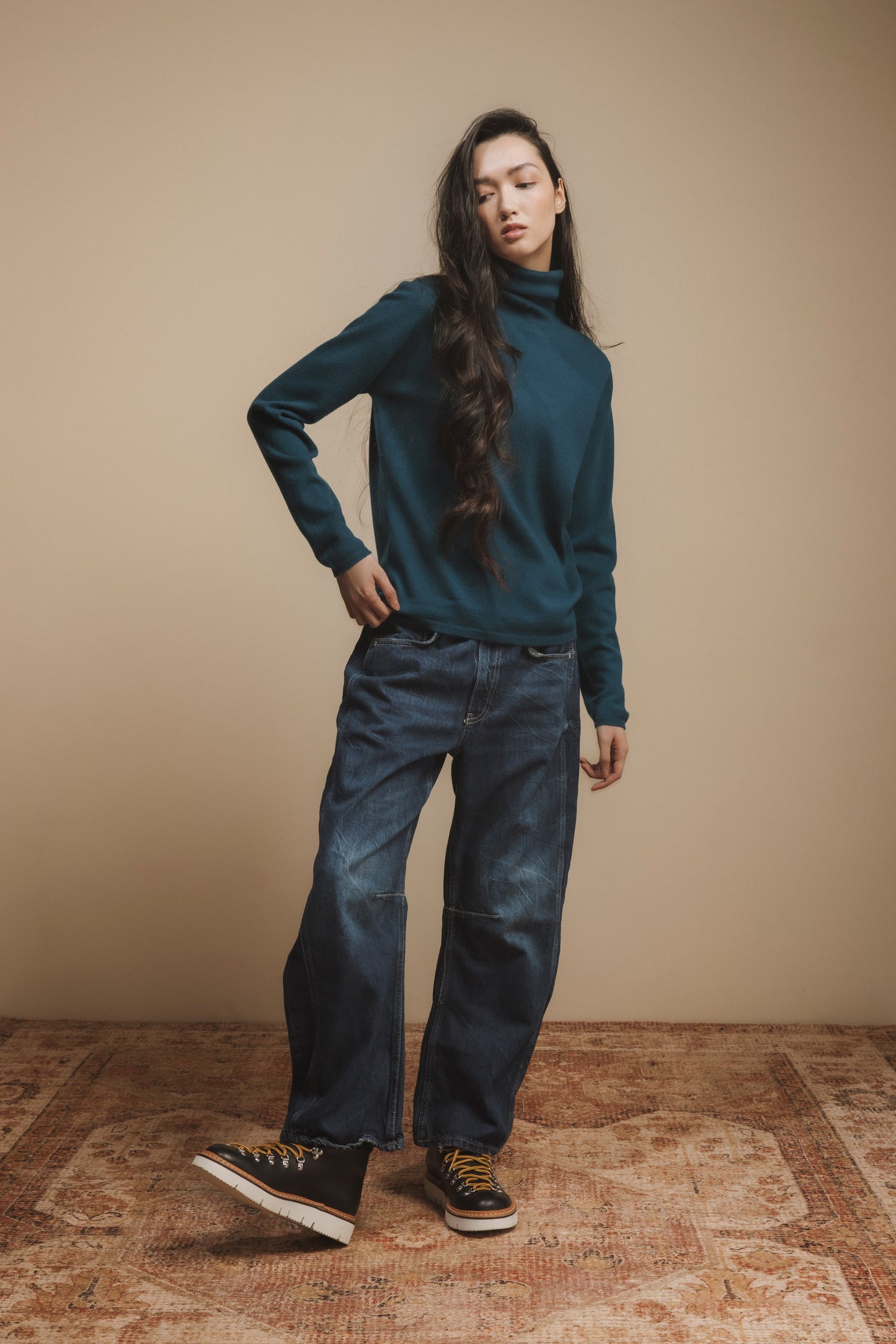 Made in Scotland Charlotte Cashmere Roll Collar Jumper - Petrol Blue