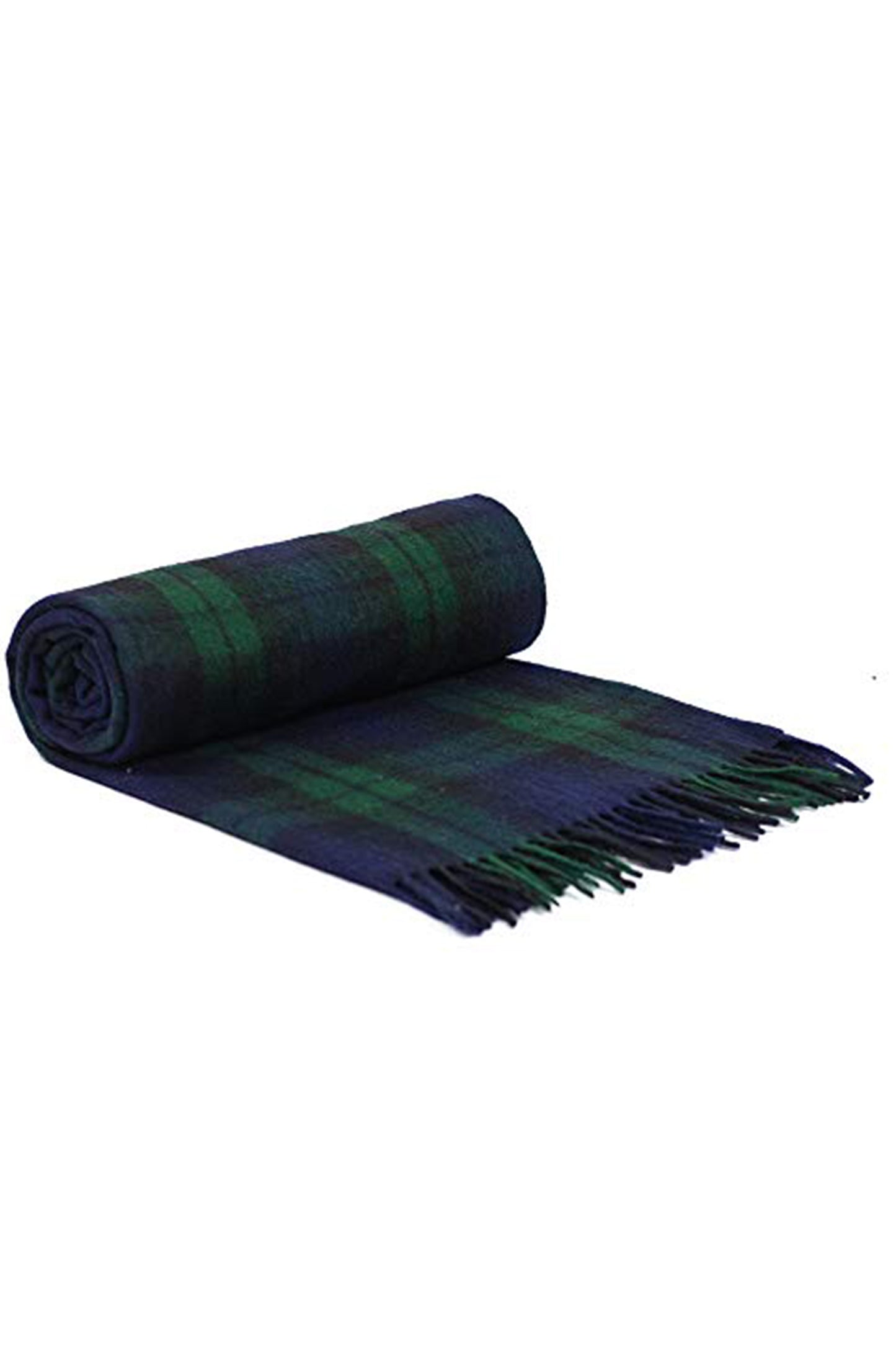 Recycled Wool Tartan Blanket in Blackwatch pattern, navy and green plaid, partially rolled with fringed edge displayed