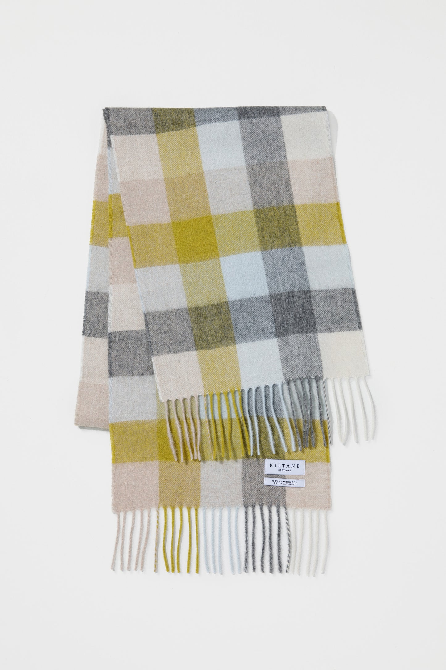 Kiltane 5 Square Check Lambswool Scarf in Sulphur Green, folded flat showing check pattern in yellow, grey, cream and olive with fringed ends