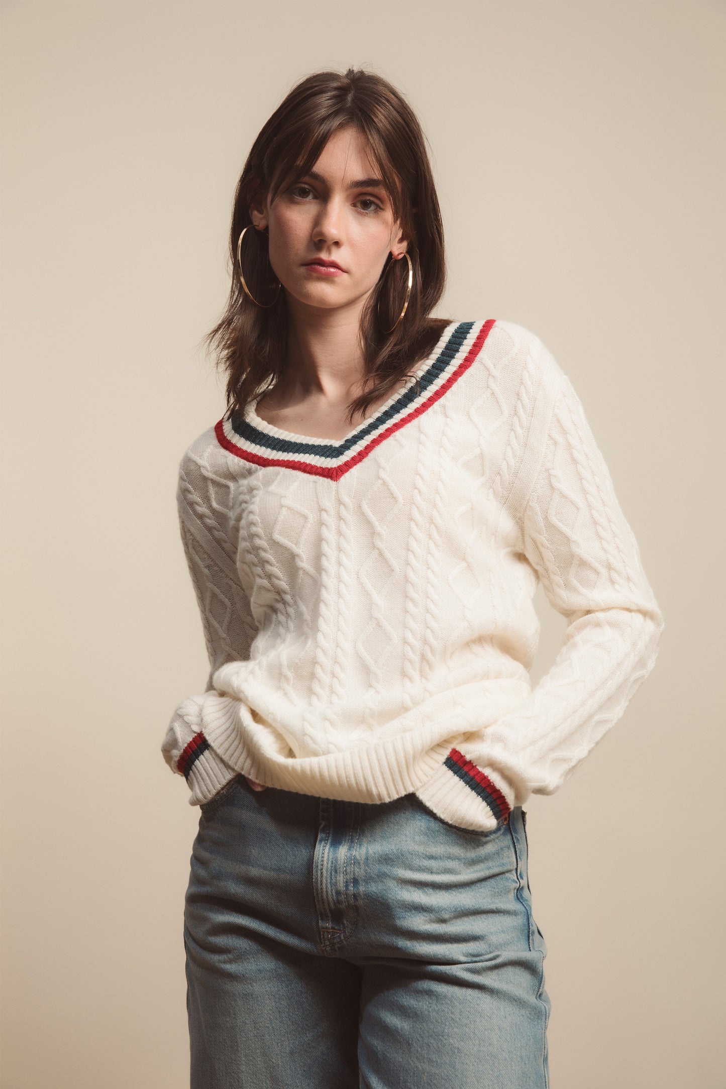 Women's Cashmere Cricket Style Jumper - Cream, Green & Red