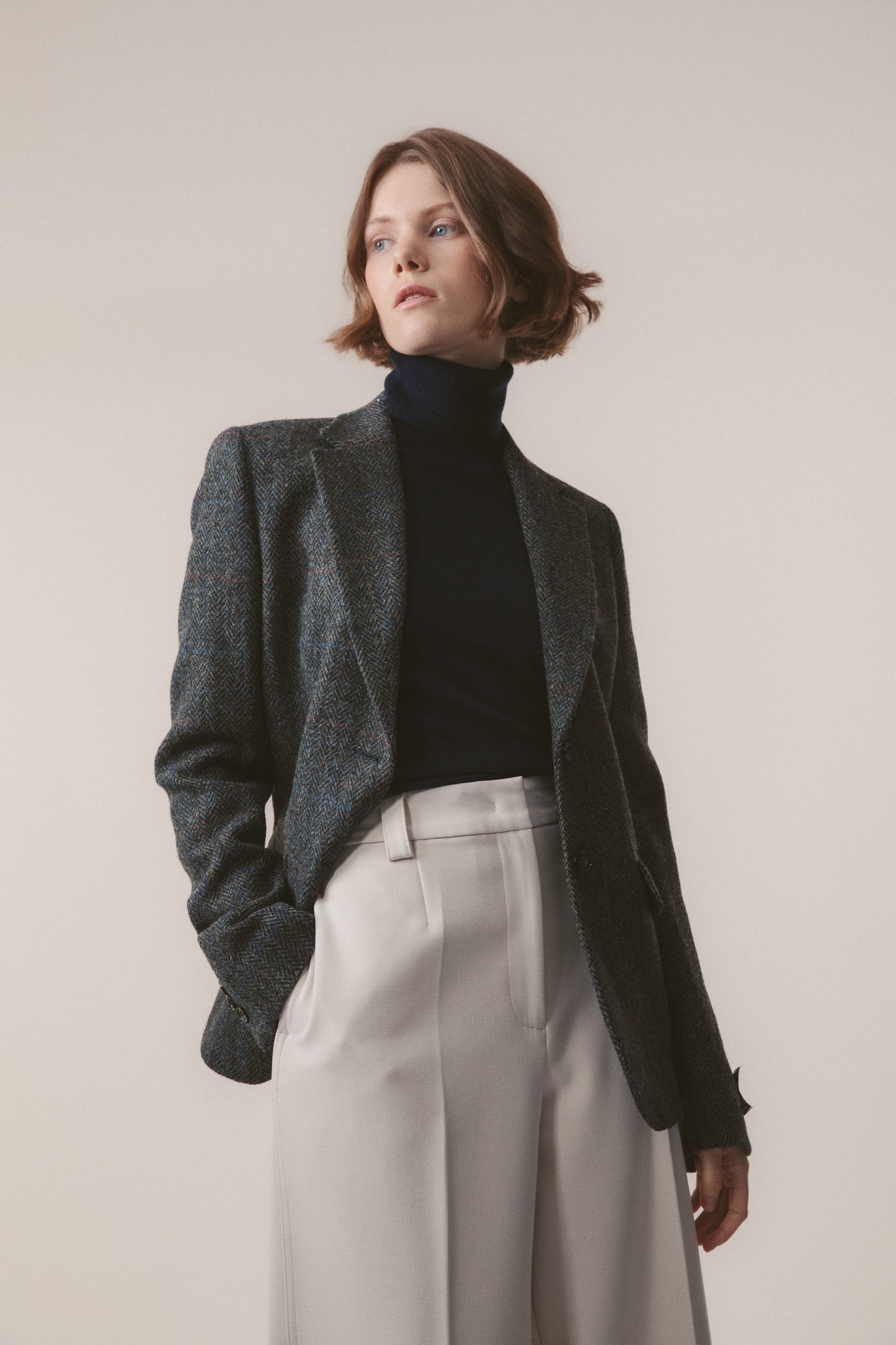 Women's Harris Tweed Heather Blazer - Grey Herringbone Rust Check