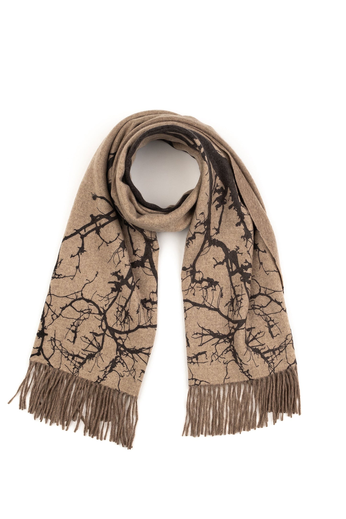 Tree Print Cashmere Double Sided Stole in beige, looped to show dark branch pattern and fringed ends