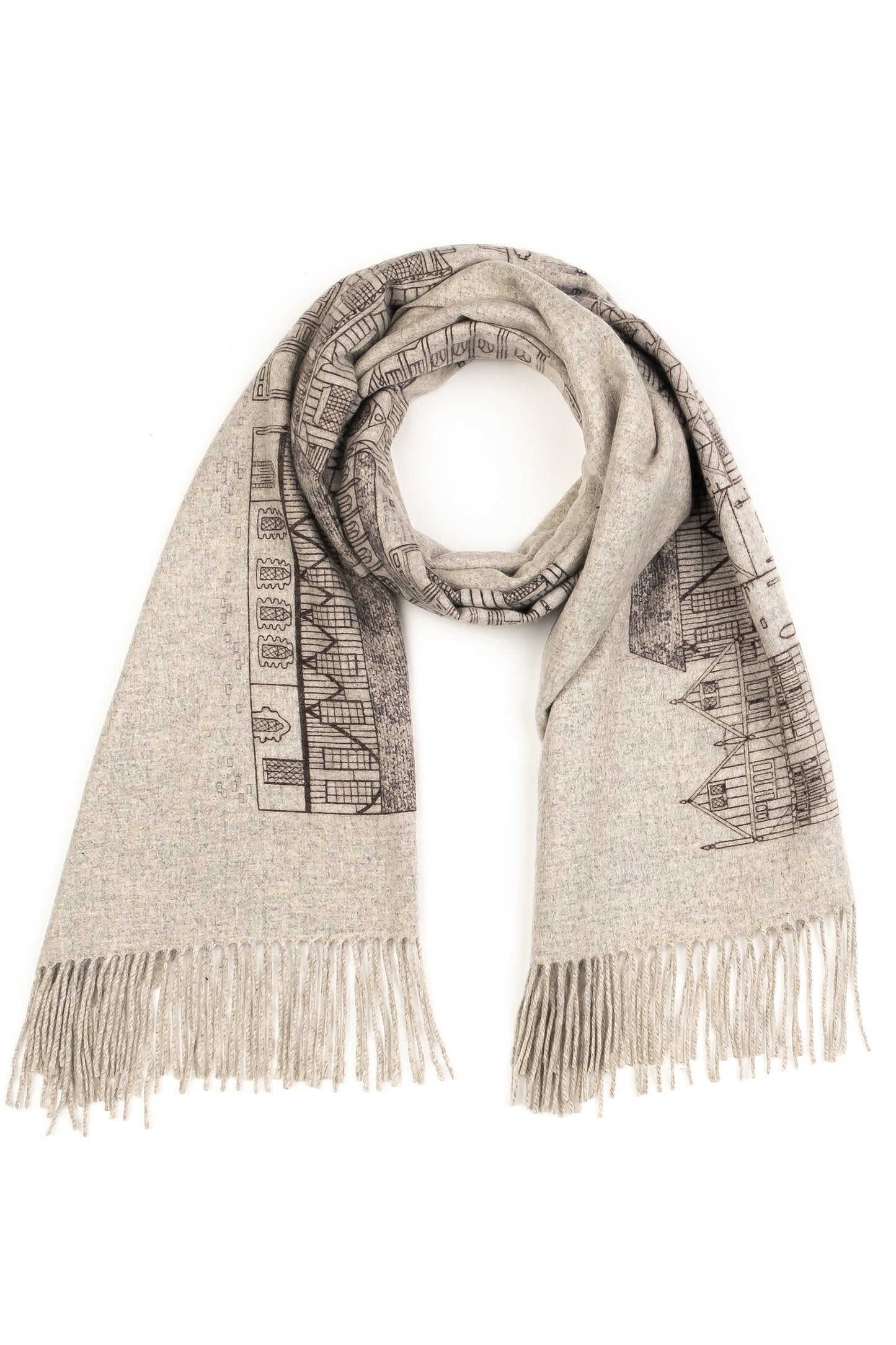 City Cashmere Double Sided Stole - York in light grey with black line-drawn York architecture print and fringed ends