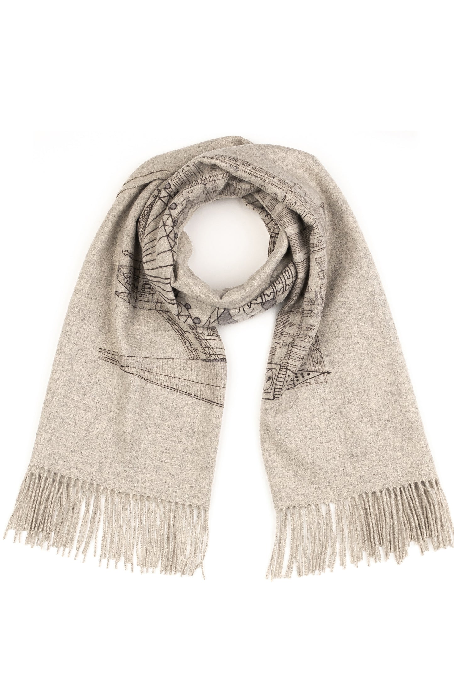 City Cashmere Double Sided Stole - London in light grey, loosely looped to show architectural line-drawn print and fringed ends