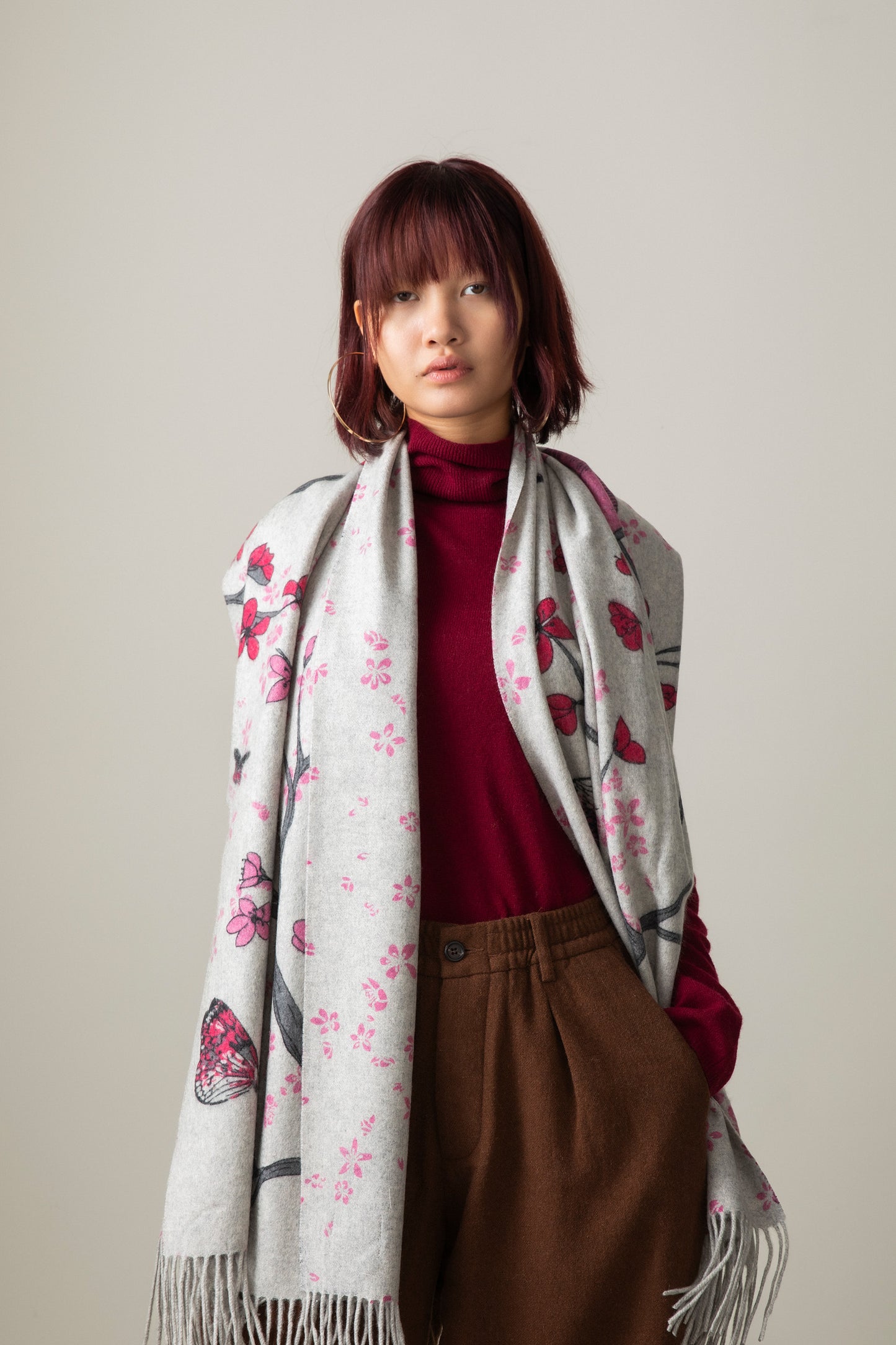 Cherry Blosson Cashmere Double Sided Stole - Grey