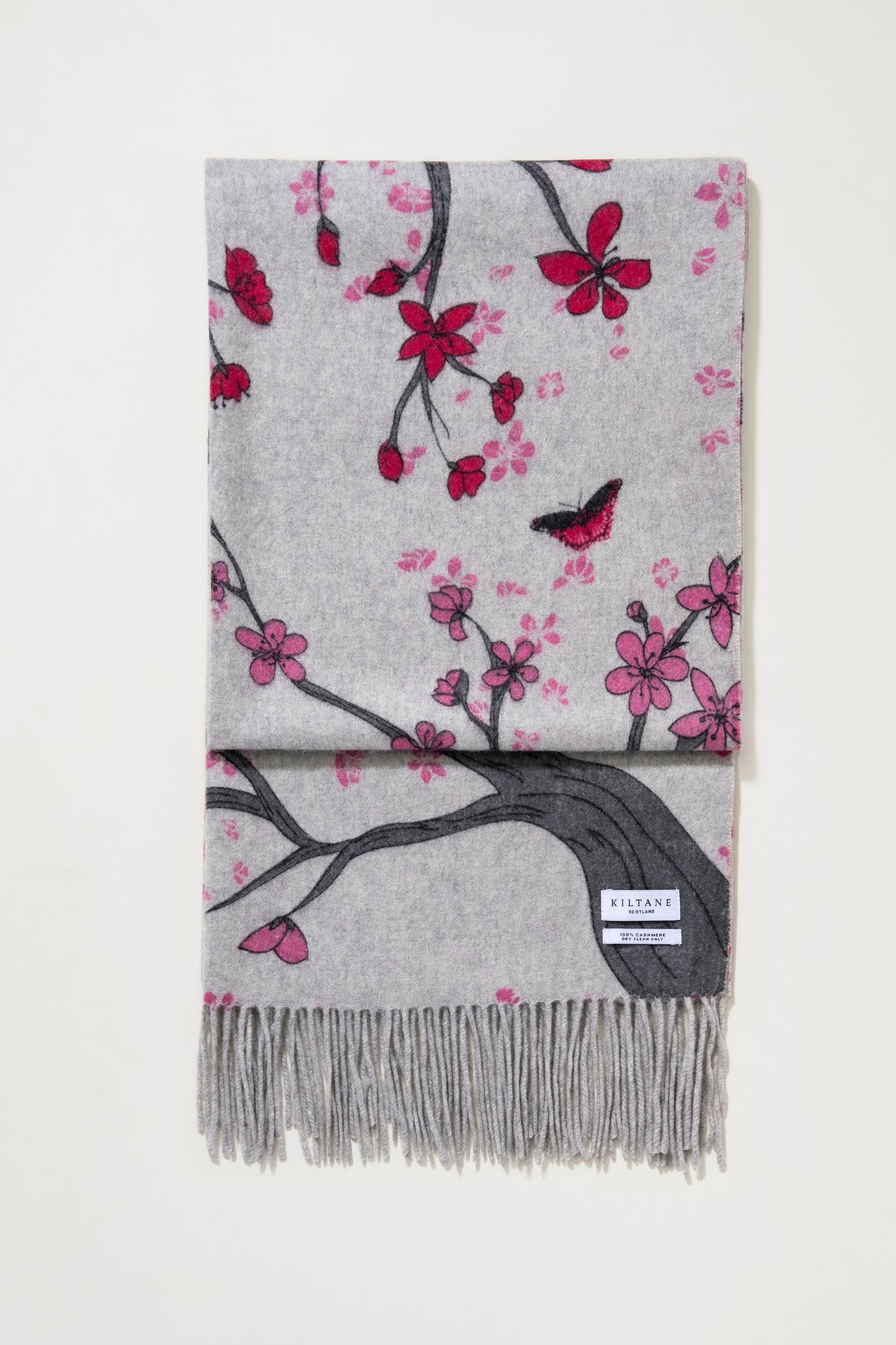 Cherry Blosson Cashmere Double Sided Stole - Grey