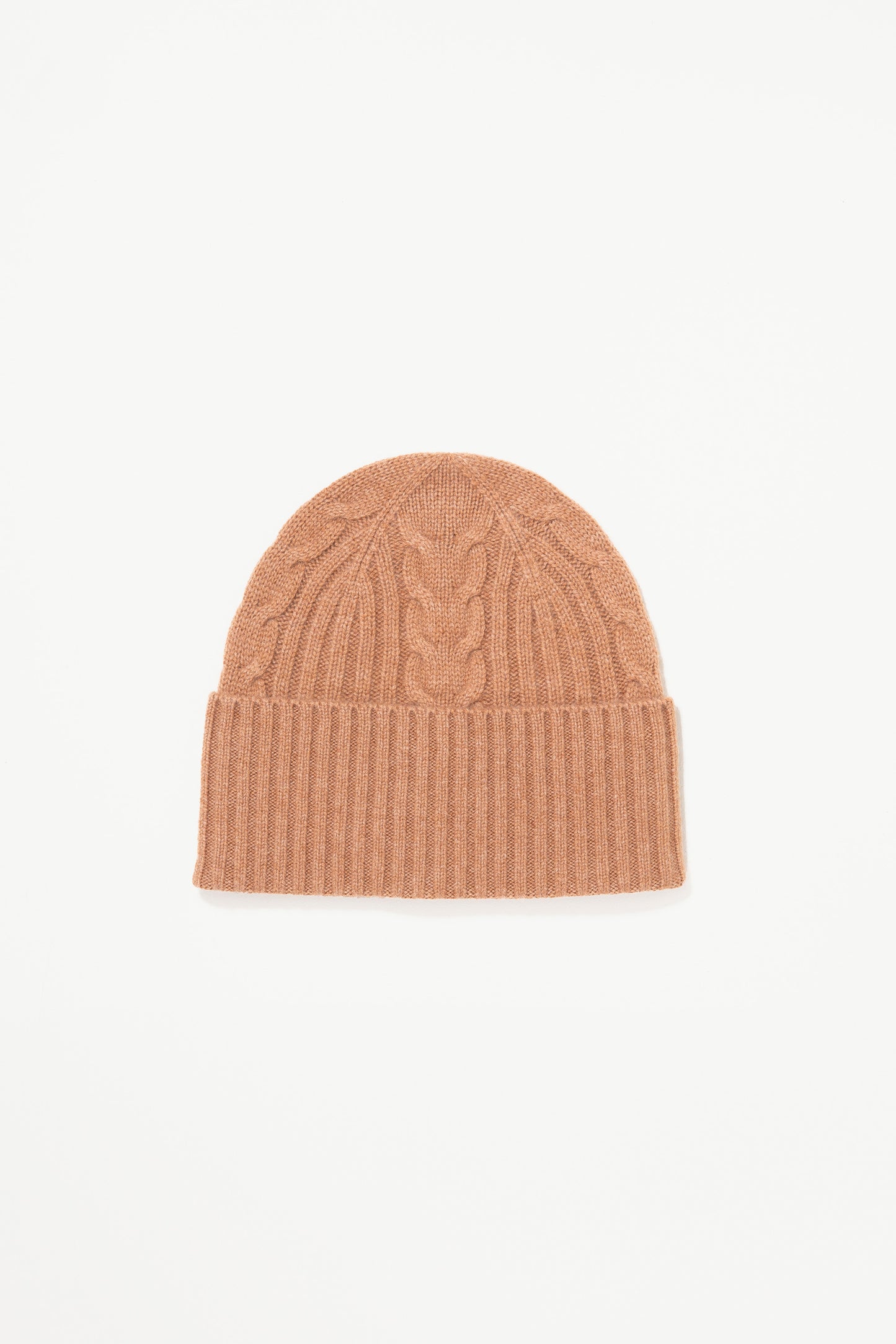 Cashmere Cable Beanie in Camel laid flat, showing cable knit pattern detail on crown and ribbed fold-up cuff