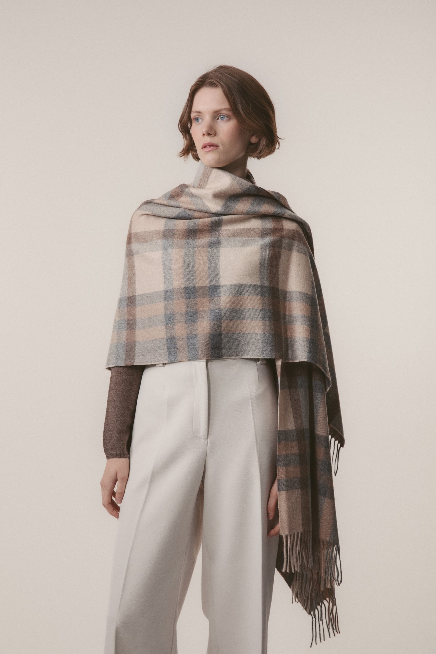 Tartan 2 Cashmere Stole - Natural