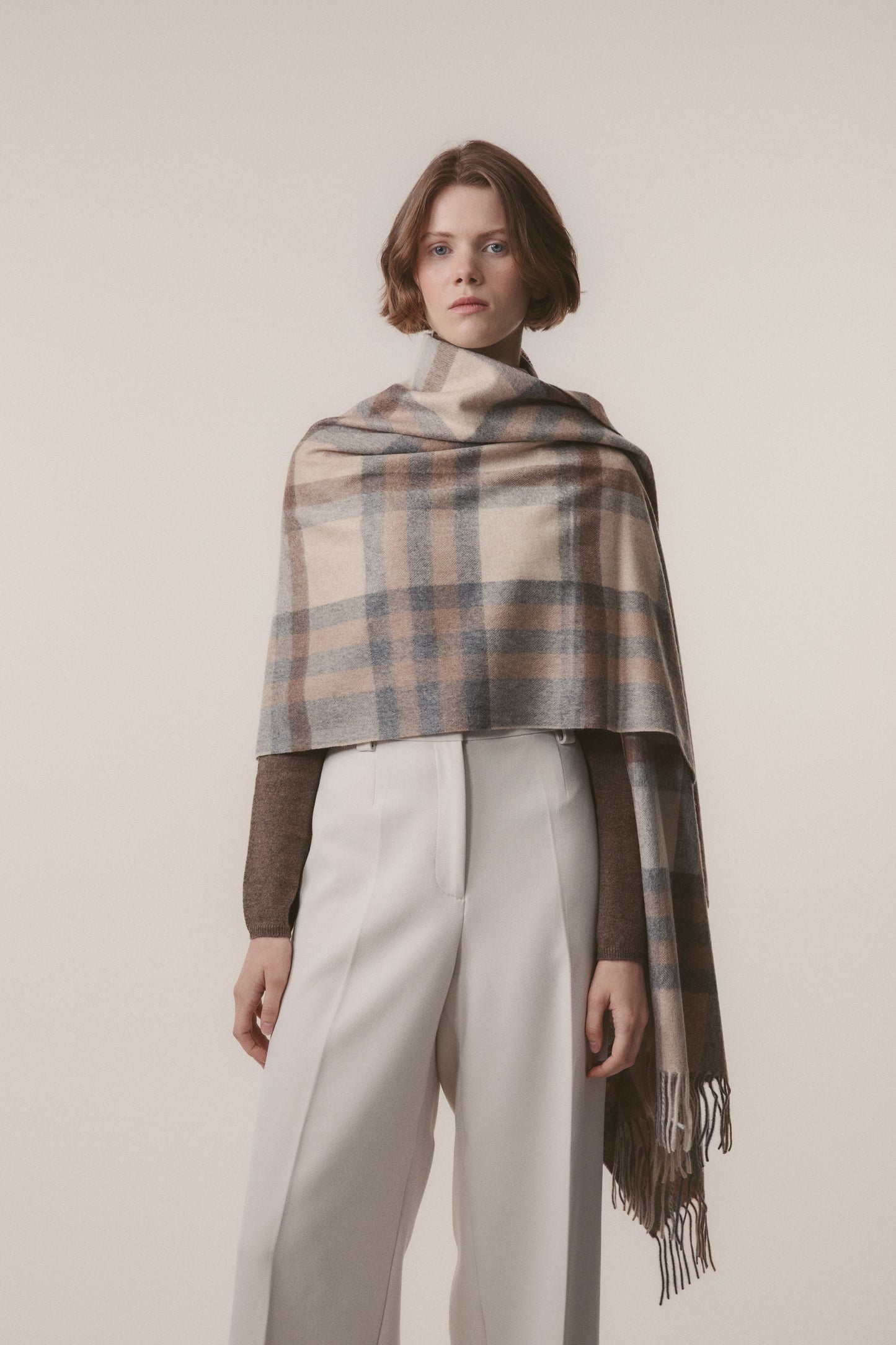 Tartan 2 Cashmere Stole - Natural