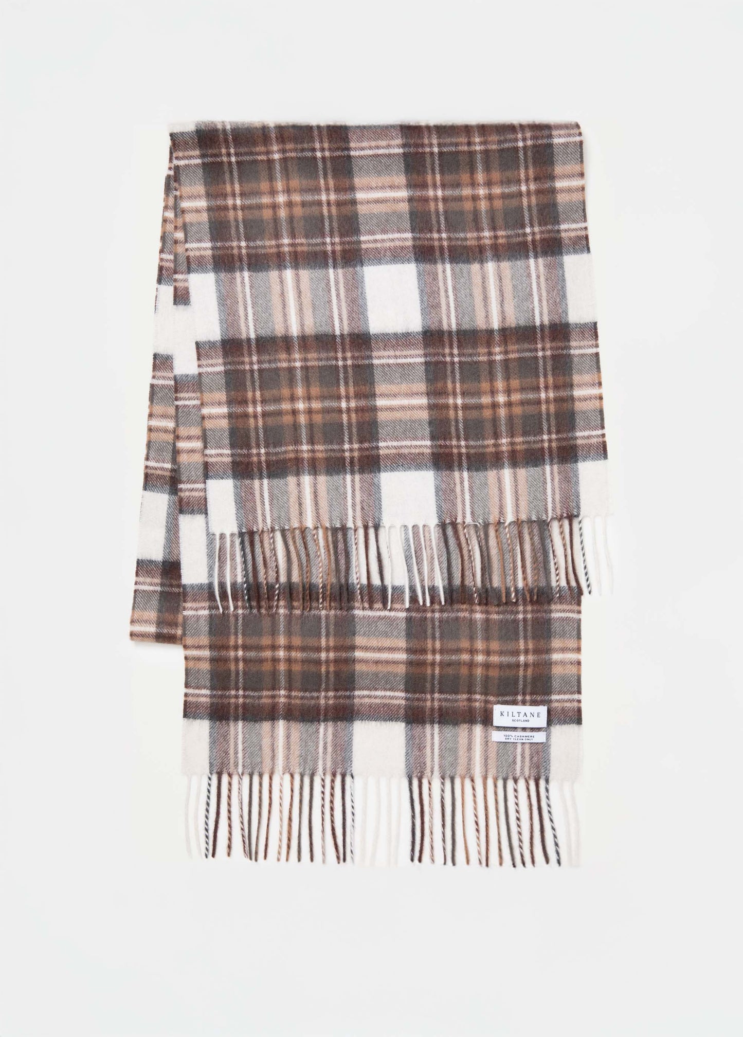 Heritage Tartan Cashmere Wide Scarf in Natural Dress Stewart folded flat showing full plaid pattern and fringed ends with Kiltane label