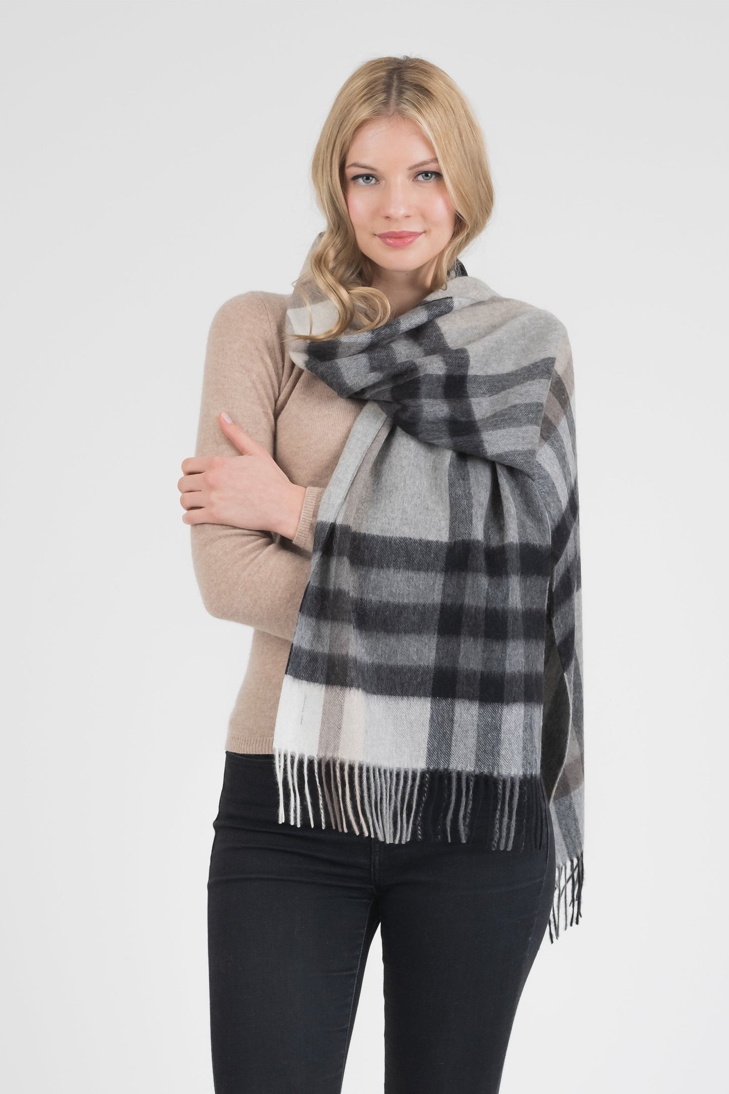 Tartan 2 Cashmere Wide Scarf - Black Grey