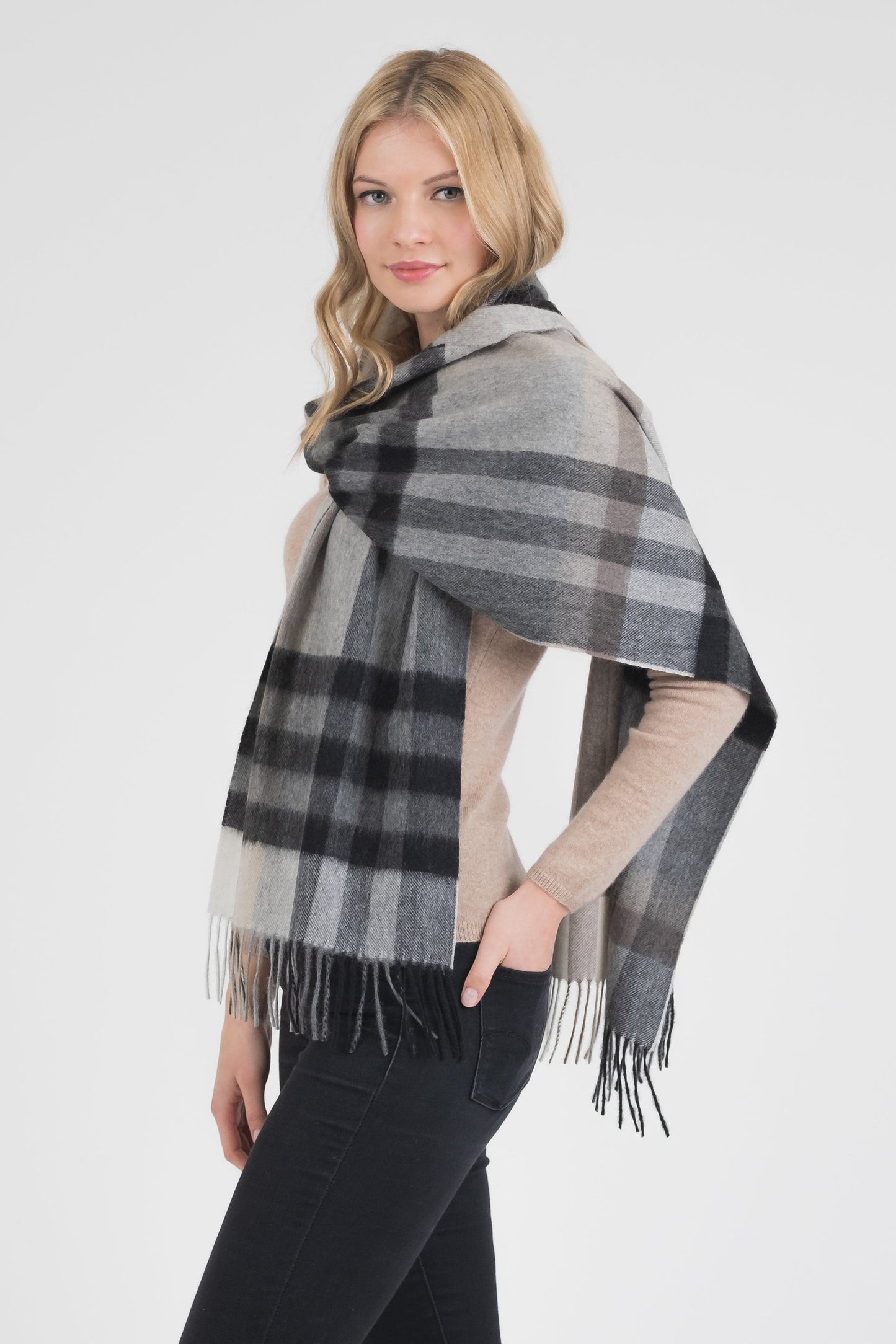 Tartan 2 Cashmere Wide Scarf - Black Grey