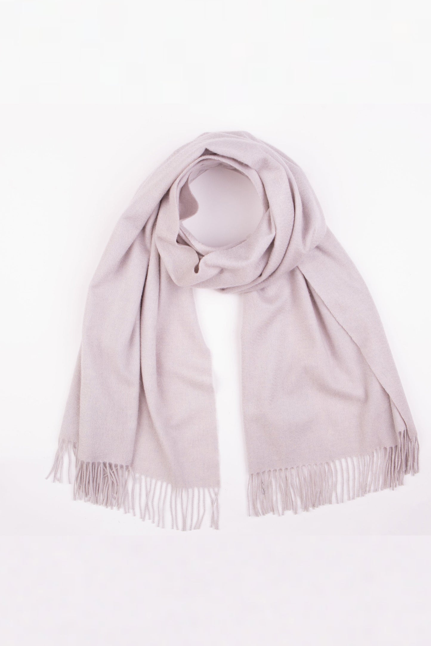 Solid Cashmere Stole in Potash draped and looped showing the soft grey-lavender tone and fringed ends