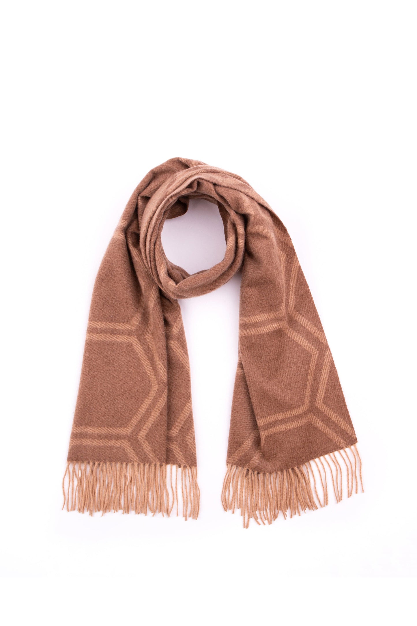 Jacquard Cashmere Geo Stole in camel, looped flat lay showing tonal hexagonal geometric pattern with fringed ends