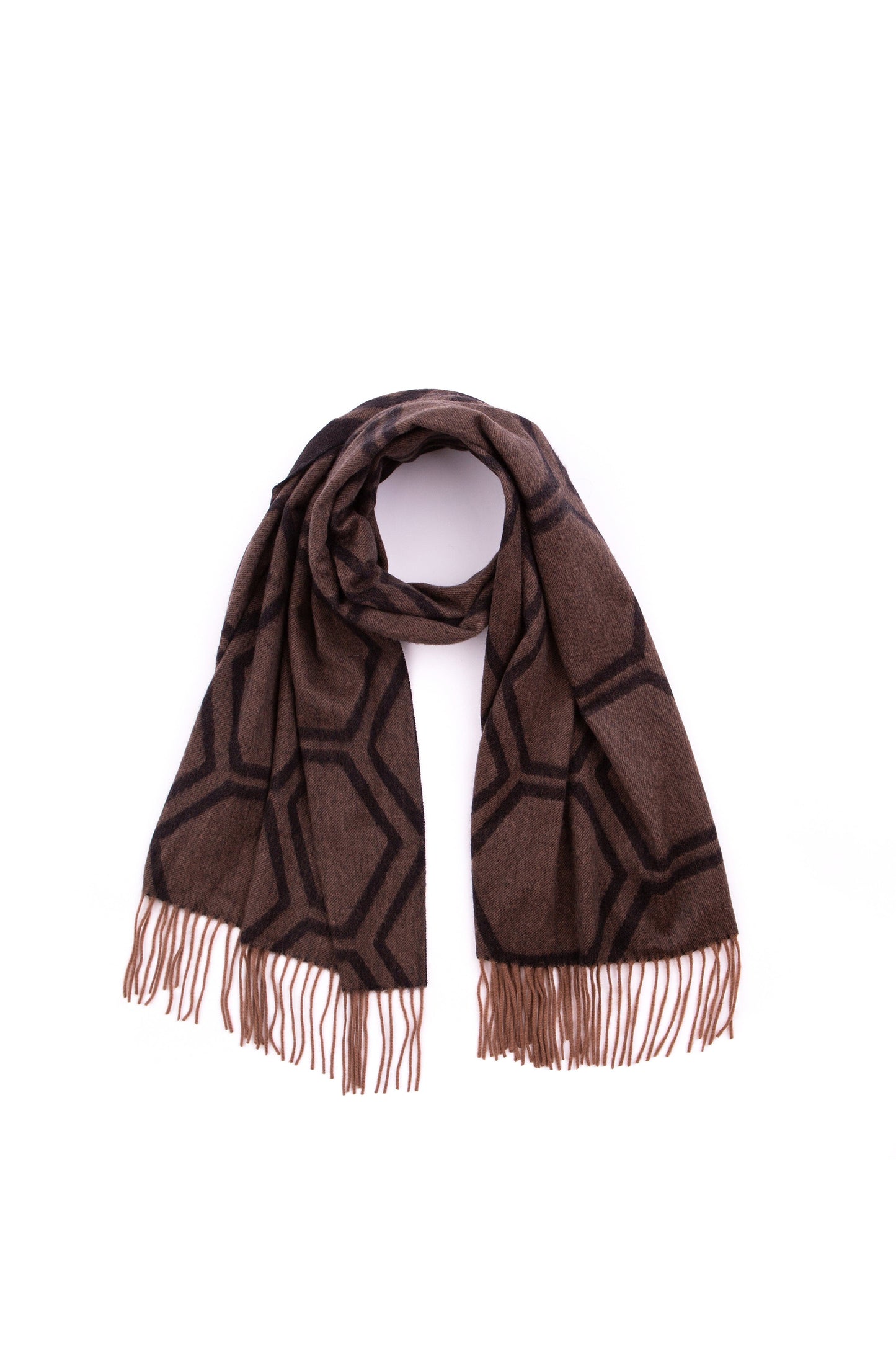 Jacquard Cashmere Geo Stole in chocolate and black with geometric hexagonal pattern and fringed ends, looped flat