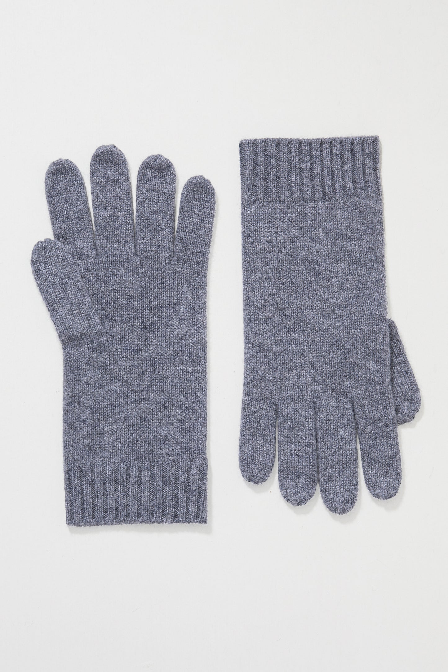 Men's Cashmere Plain Gloves in Derby Grey, soft knit pair laid flat showing ribbed cuffs and stockinette stitch