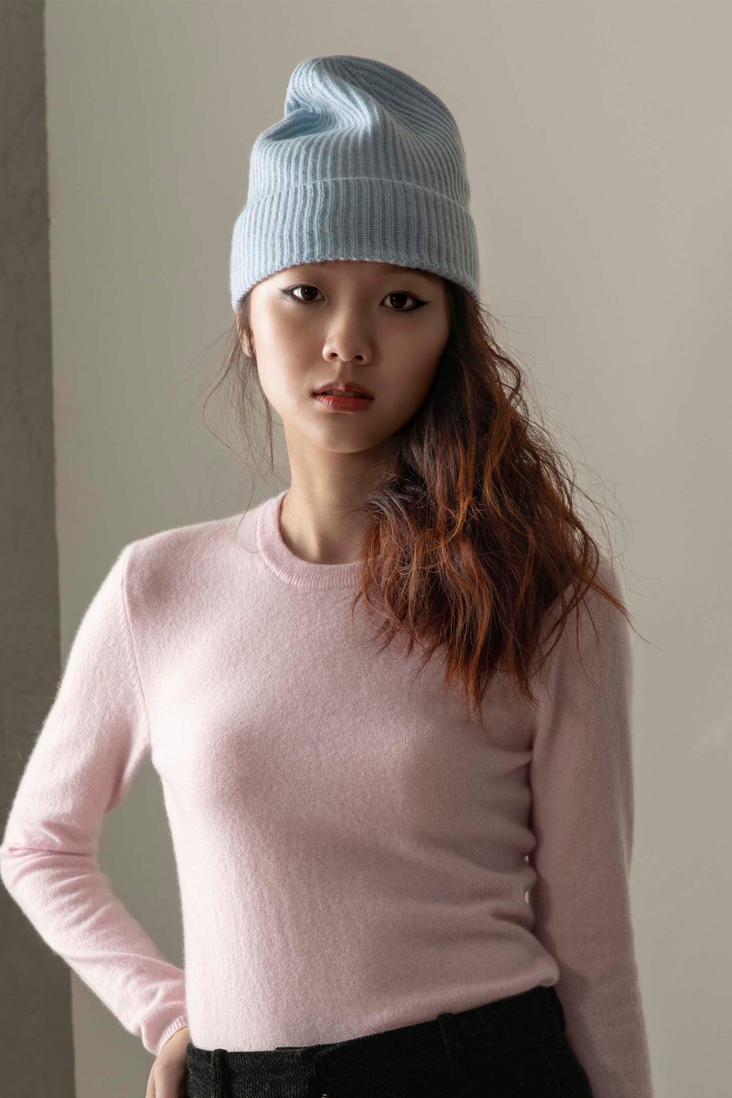 Unisex Cashmere Ribbed Beanie Hat - Aqua Blue