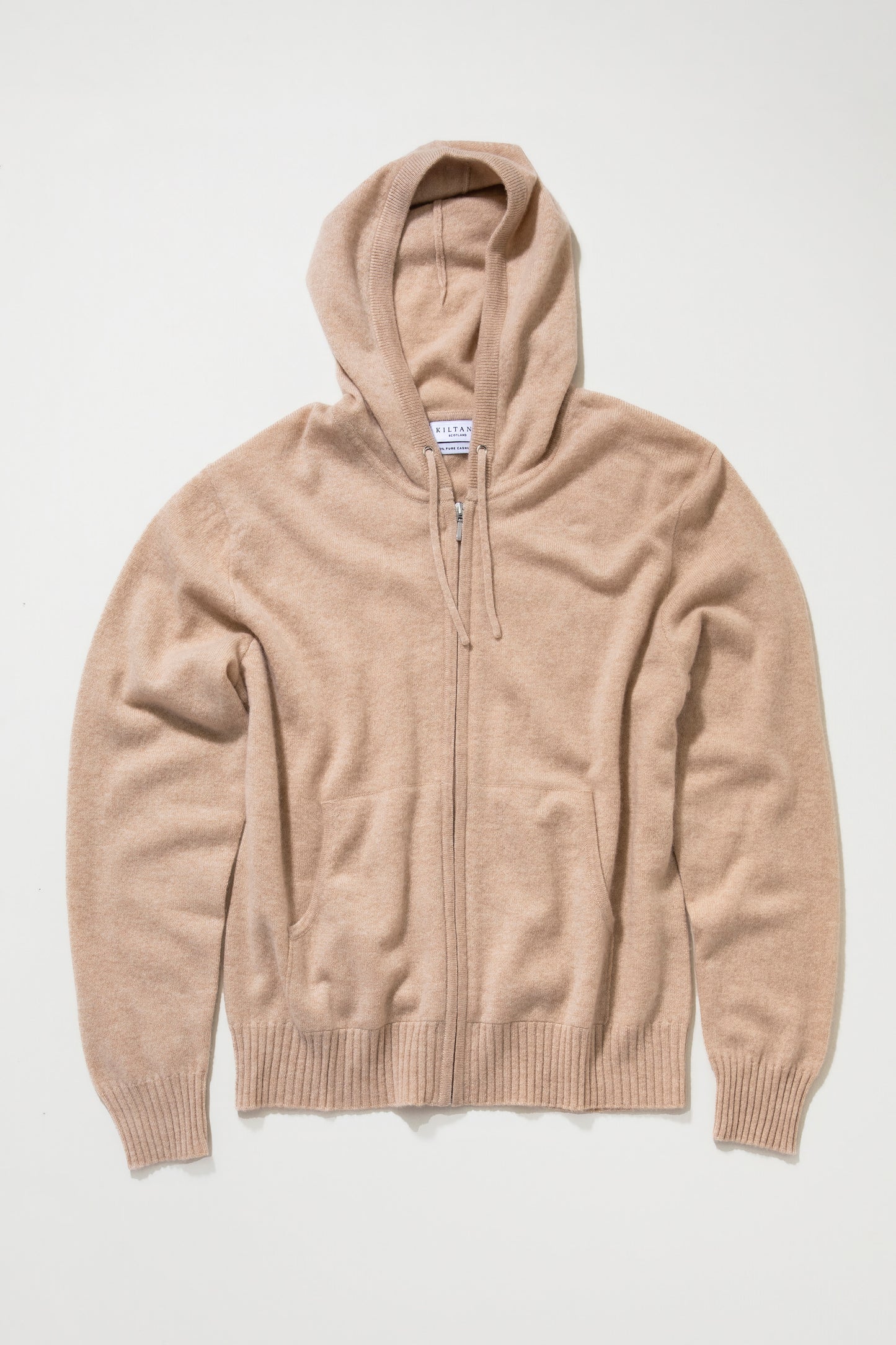 Unisex Cashmere Zip Hoodie in Vicuna laid flat, showing full front zip, drawstring hood, and ribbed cuffs and hem