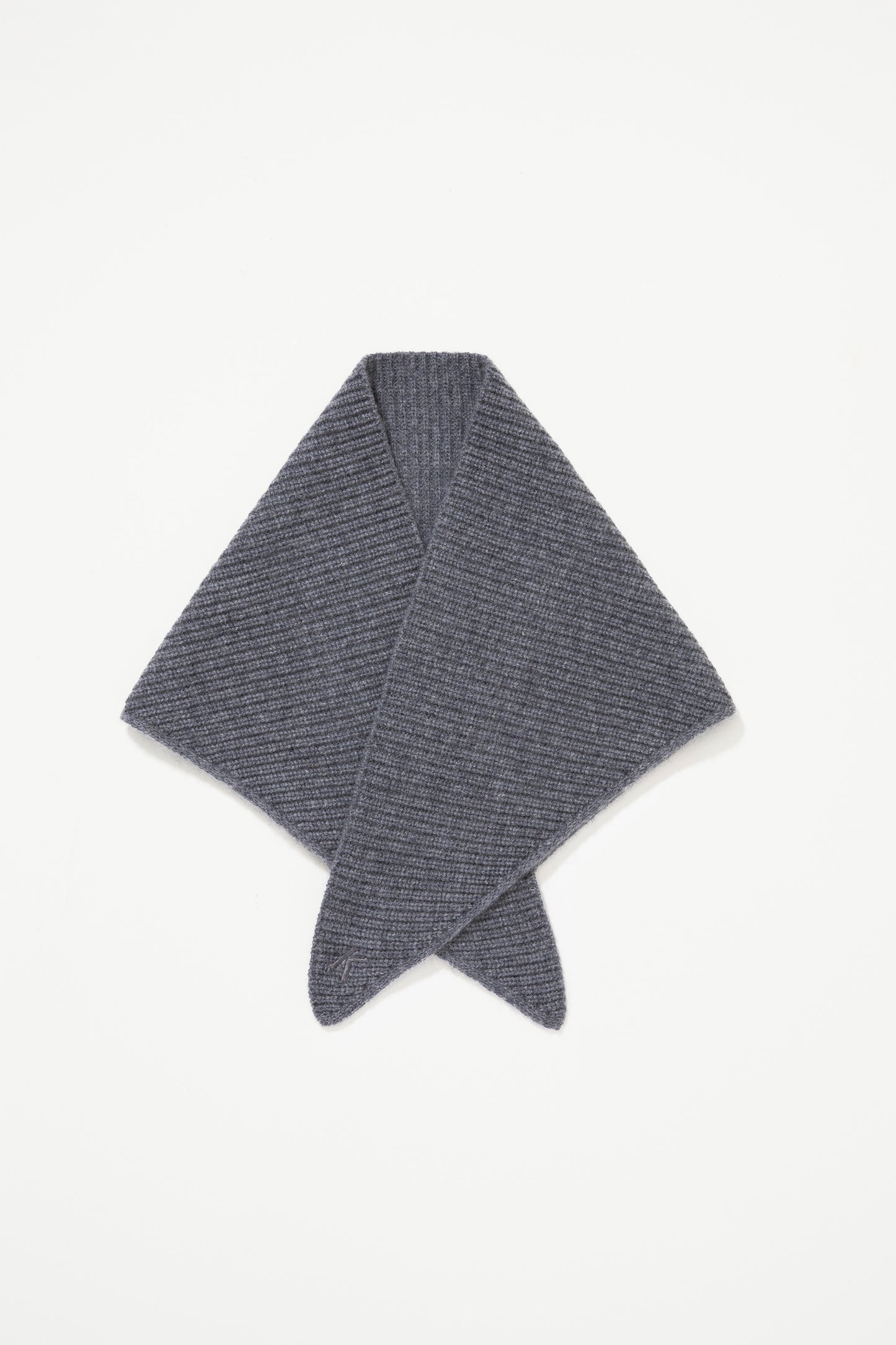 Knitted Cashmere Neck Tie in grey, folded flat showing diamond shape with crossed ends and ribbed knit texture
