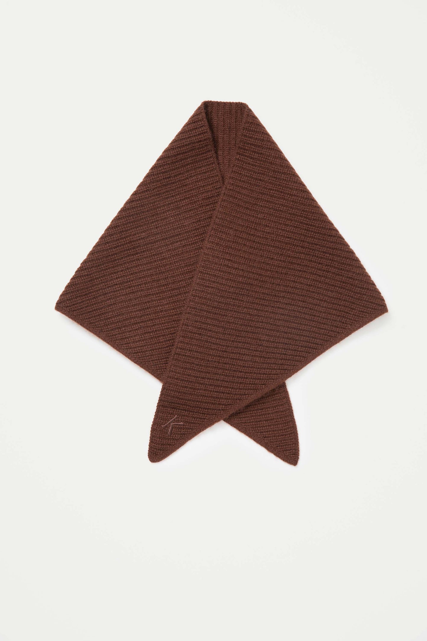 Knitted Cashmere Neck Tie in Coco flat lay showing diamond-shaped drape with ribbed knit texture and embroidered logo detail