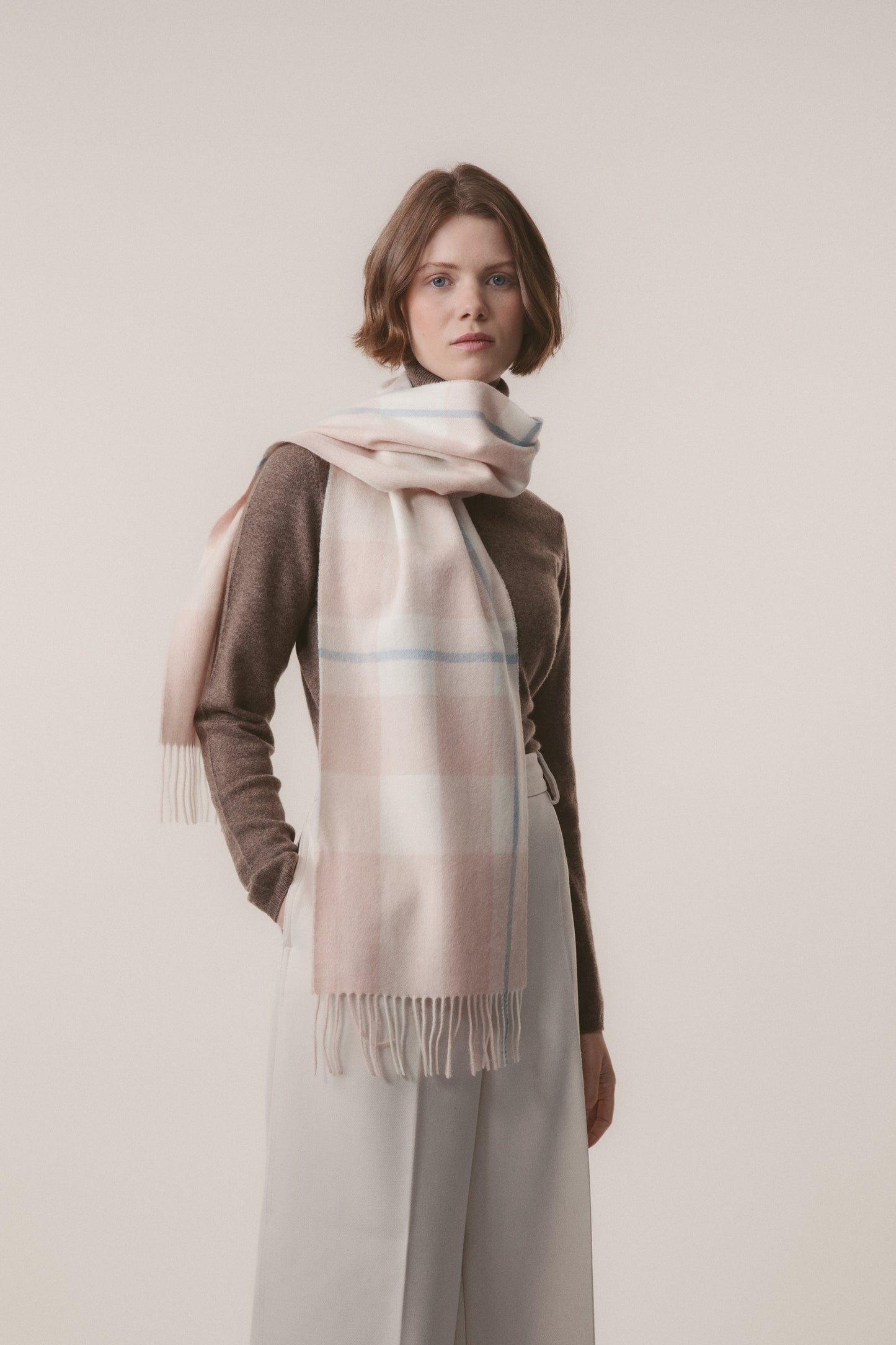 Contemporary Check Lambswool Scarf - Champagne Pink