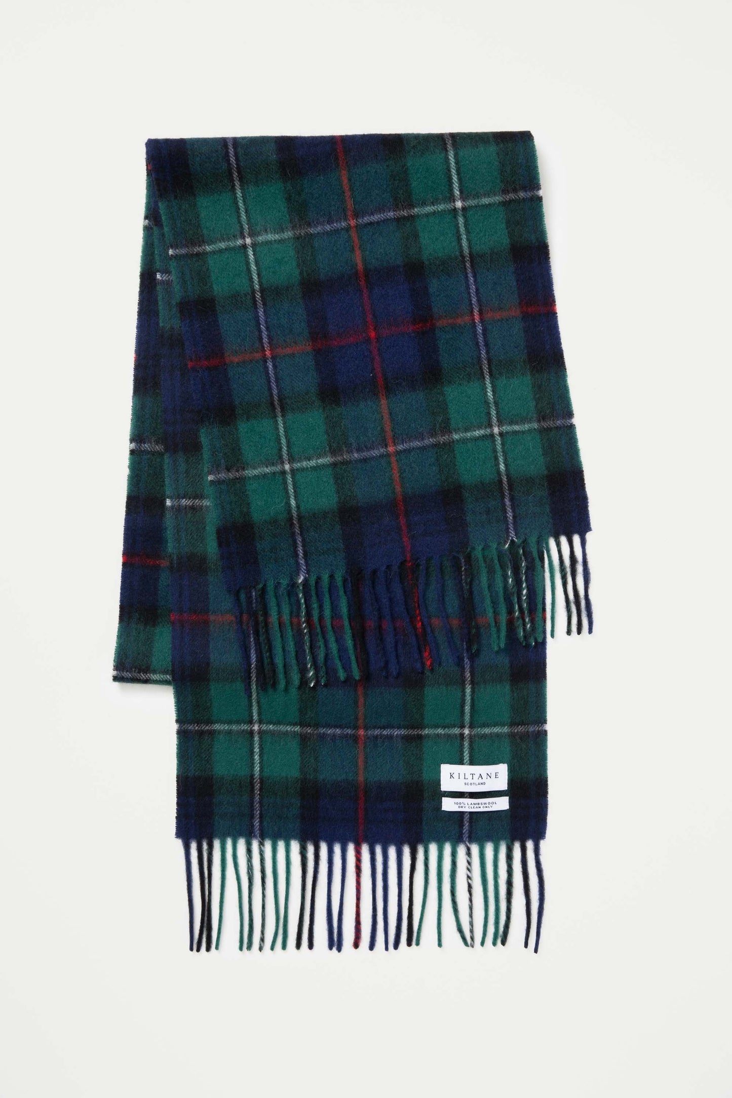 Heritage Tartan Lambswool Scarf - Mackenzie laid flat showing green and navy tartan pattern with red accents and fringed ends