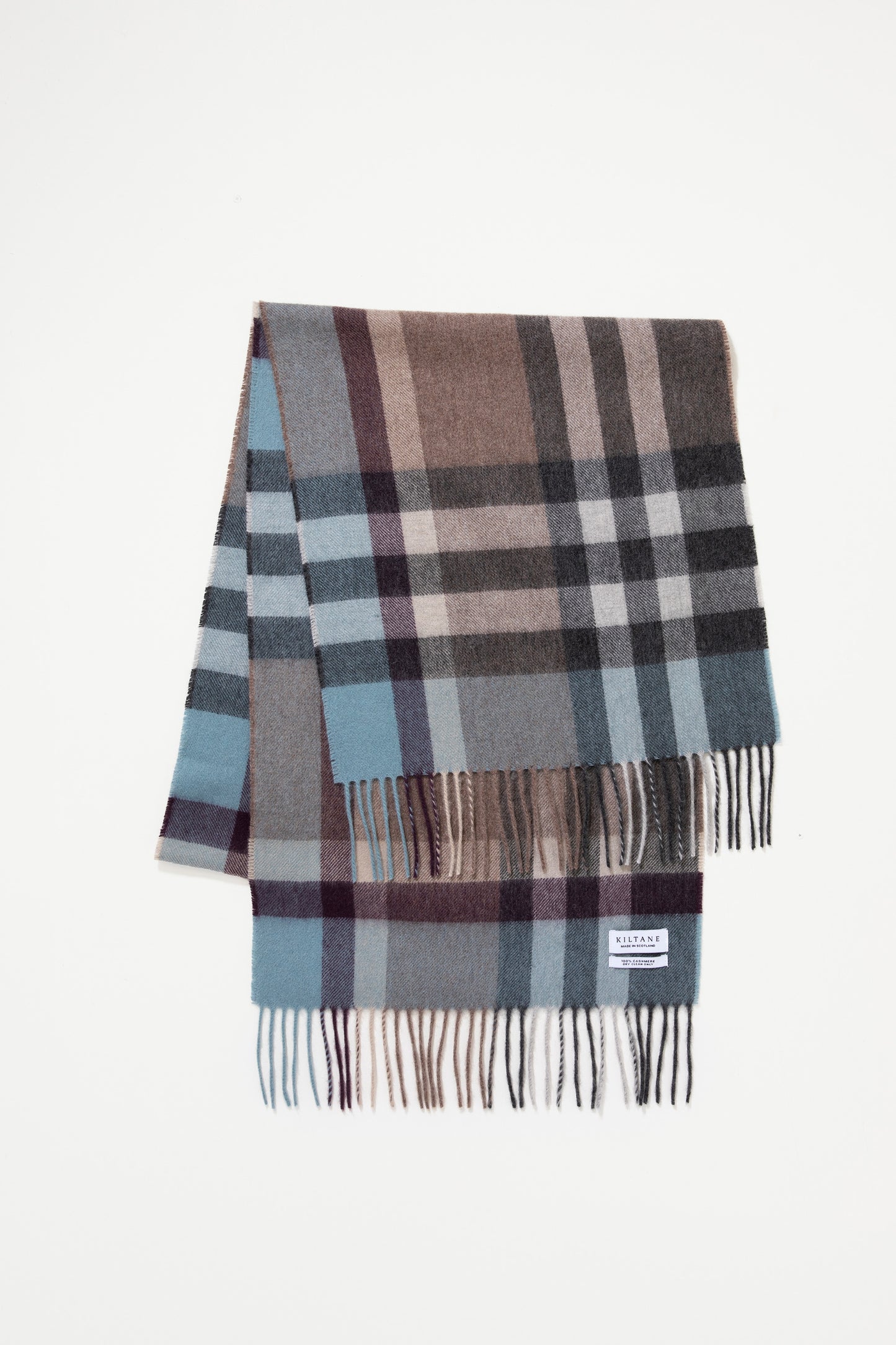 Kiltane Made in Scotland Tartan 2 Cashmere Wide Scarf in Blue Taupe, folded flat showing plaid pattern and fringed ends
