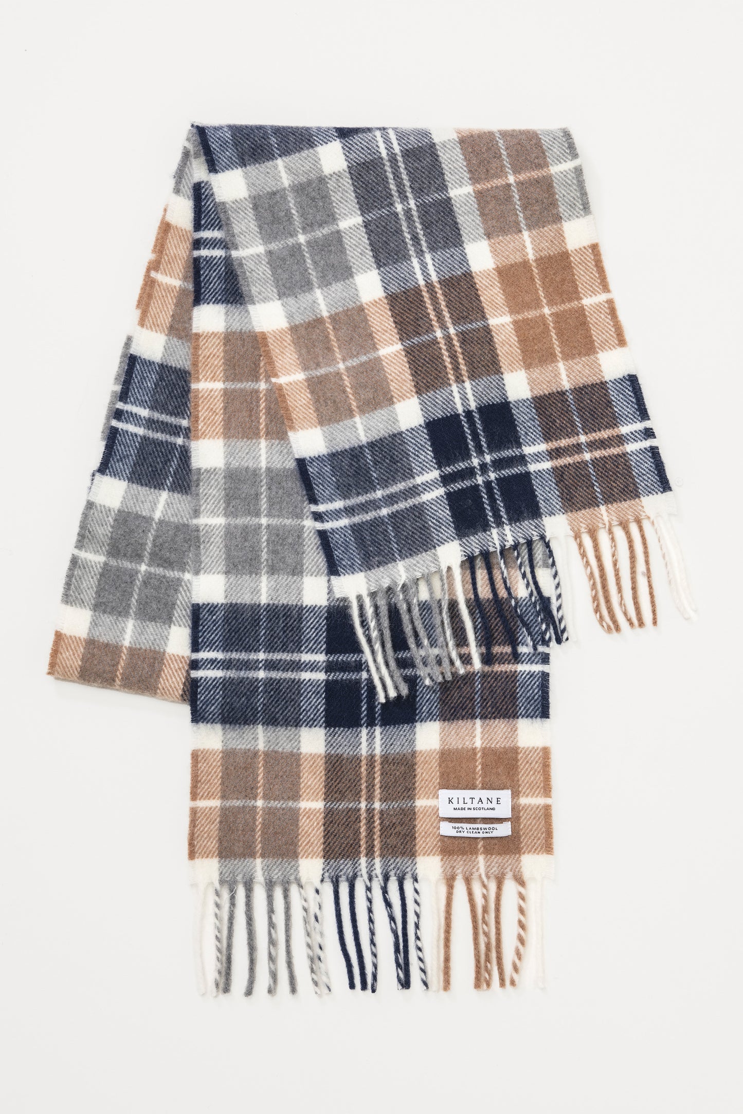 Kiltane Made in Scotland Lambswool Scarf in Aurora Classic tartan with navy, brown, grey and white plaid and fringed ends