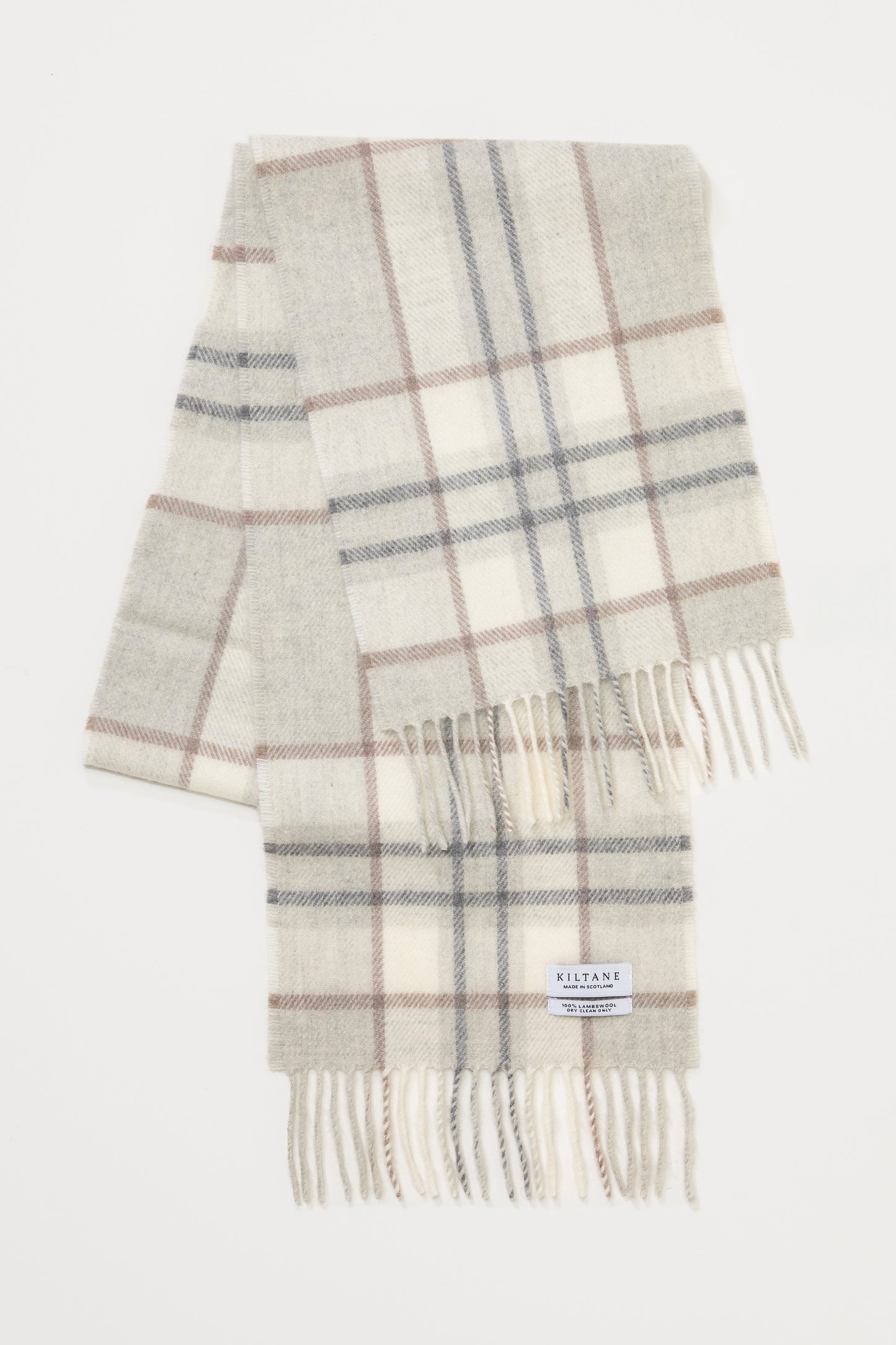 Kiltane Made in Scotland Lambswool Scarf in Lunanburn Check Ash, folded flat showing full plaid pattern with fringed ends and brand label