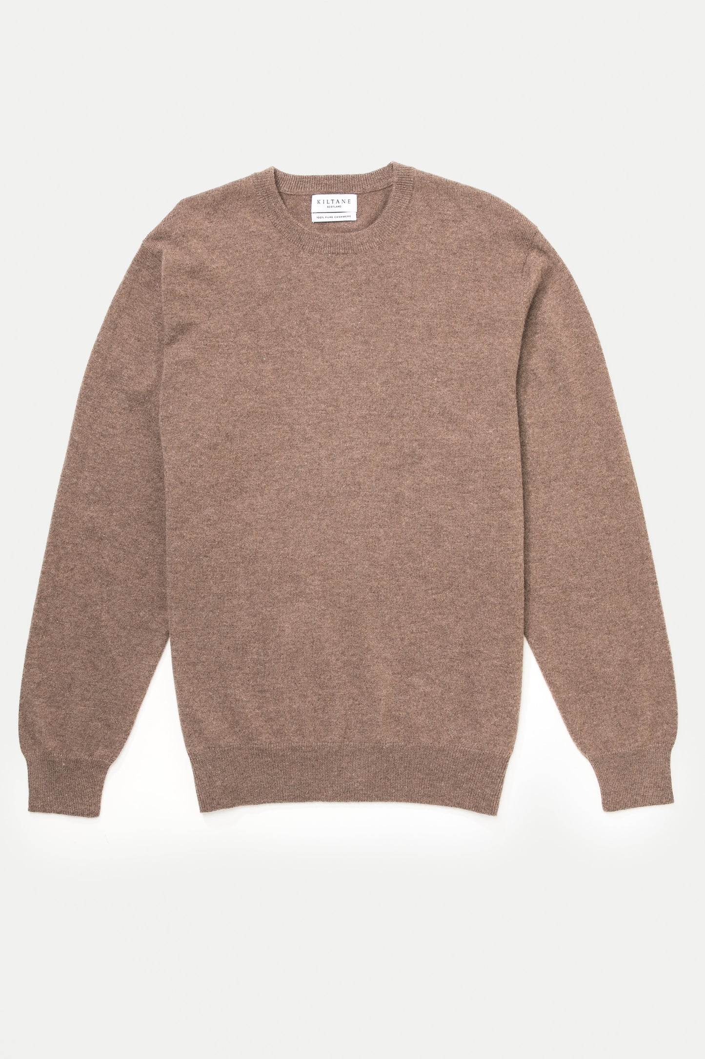 Kiltane Men's Cashmere Crew Neck Jumper in Squirrel laid flat, showing front view with ribbed cuffs and hem