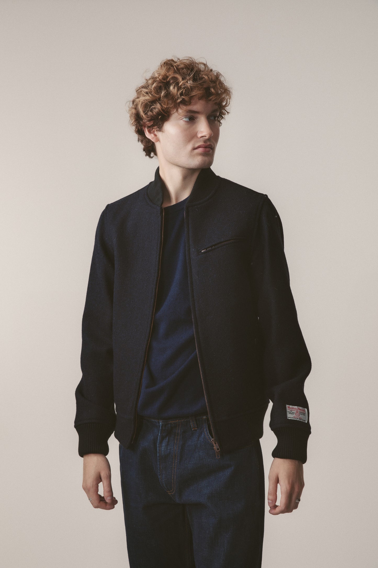Men's Harris Tweed Bomber Jacket - Dark Navy Twill Solid
