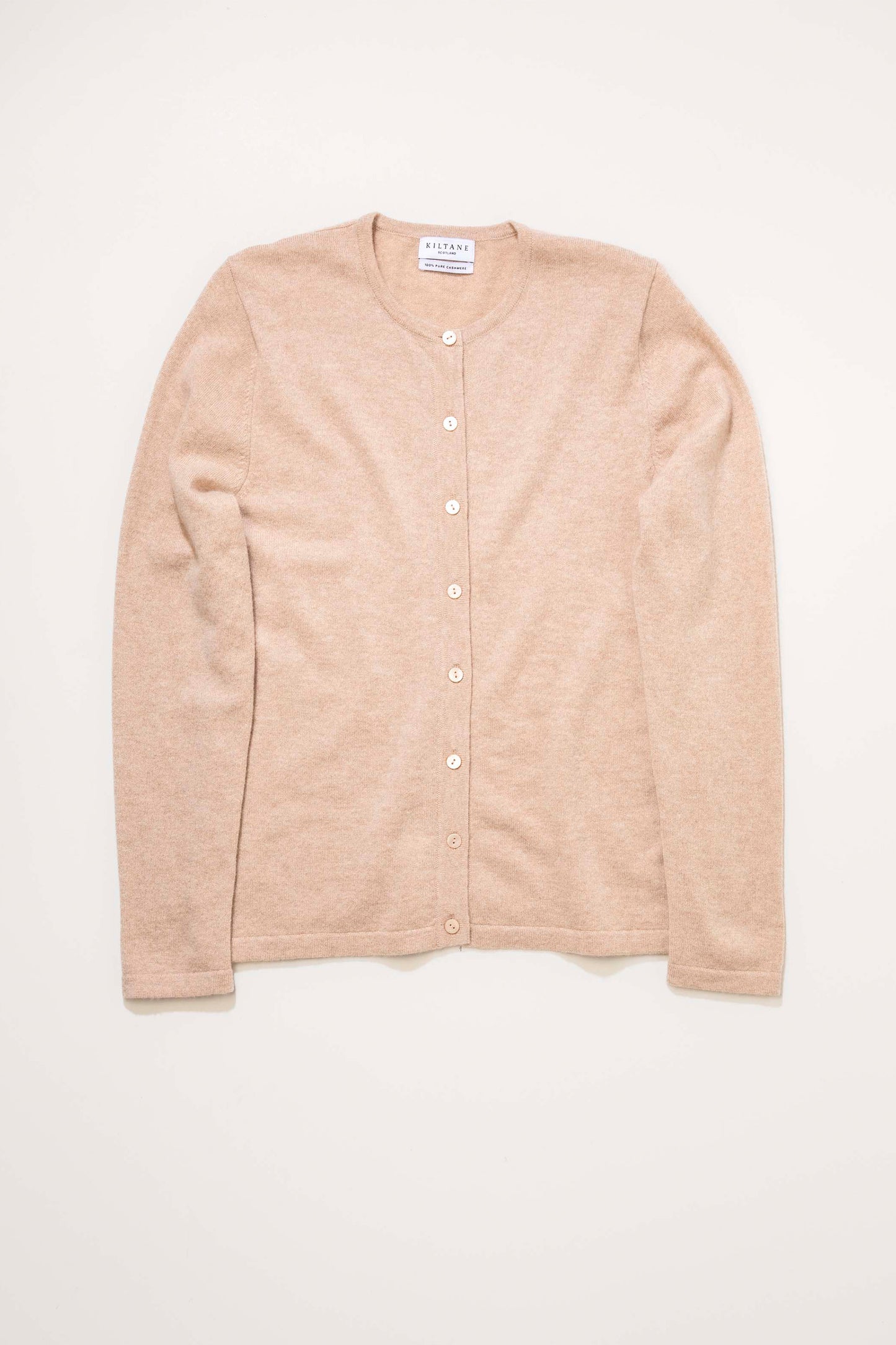 Women's Cashmere High Button Cardigan in Vicuna laid flat, showing full front with round neckline and tonal button closure