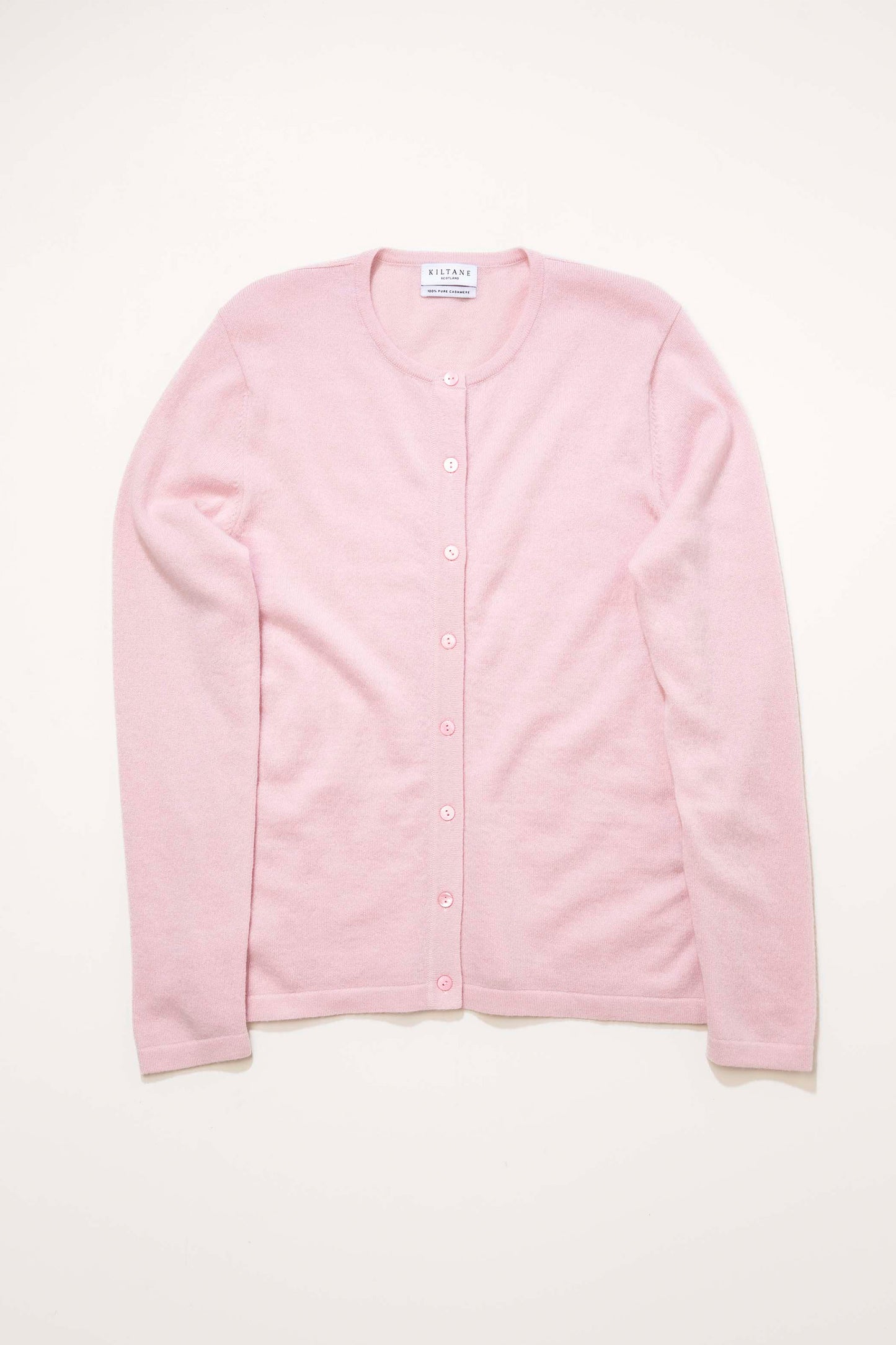 Women's Cashmere High Button Cardigan in Pale Lilac, front flat lay showing full button placket and round neckline