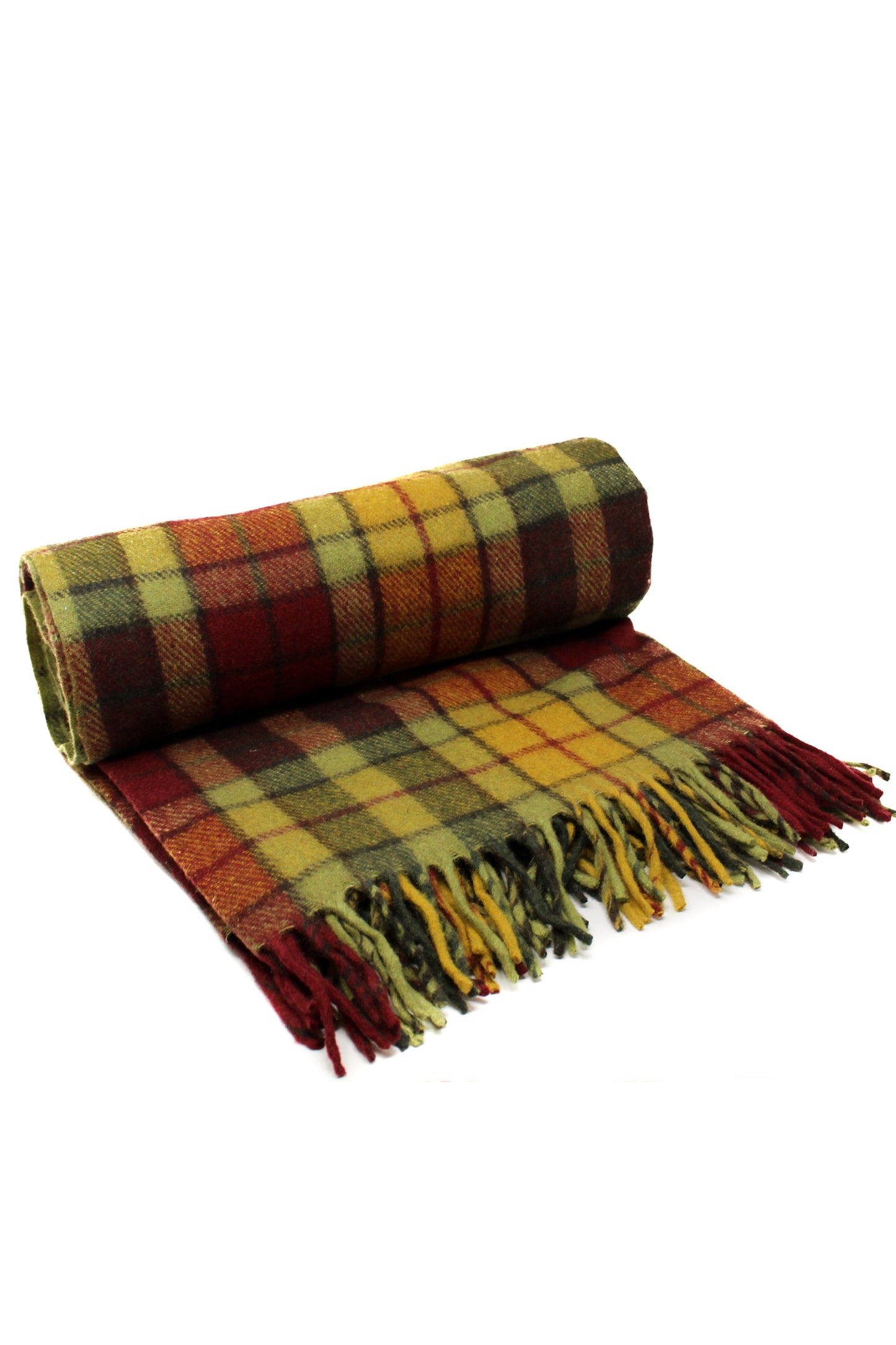 Recycled Wool Tartan Blanket in Buchanan Autumn, partially rolled showing warm red, gold, and green plaid with fringed ends