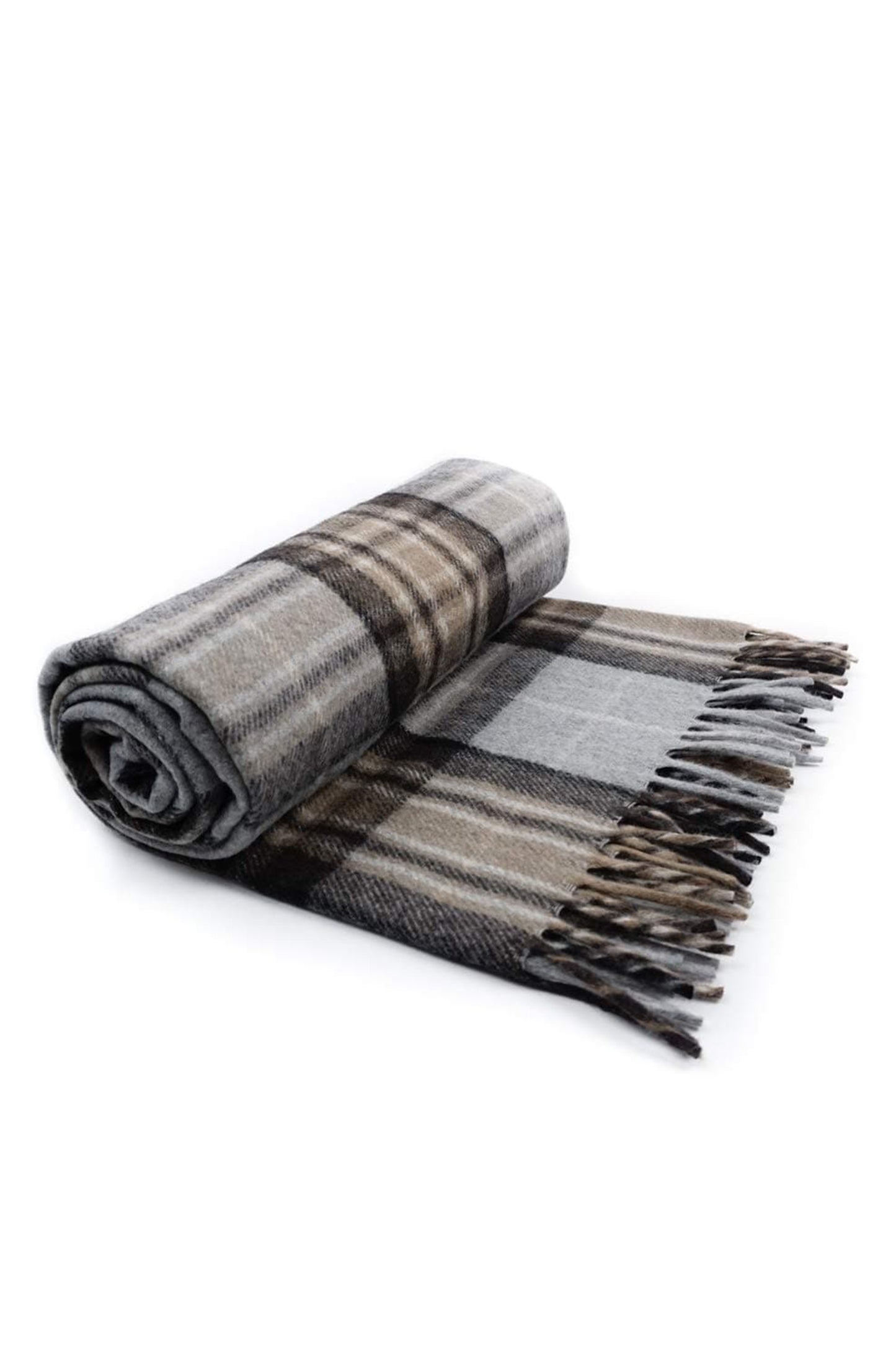 Recycled Wool Tartan Blanket in Mackeller tartan, rolled and partially unfolded showing grey, brown, and cream plaid with fringed edges