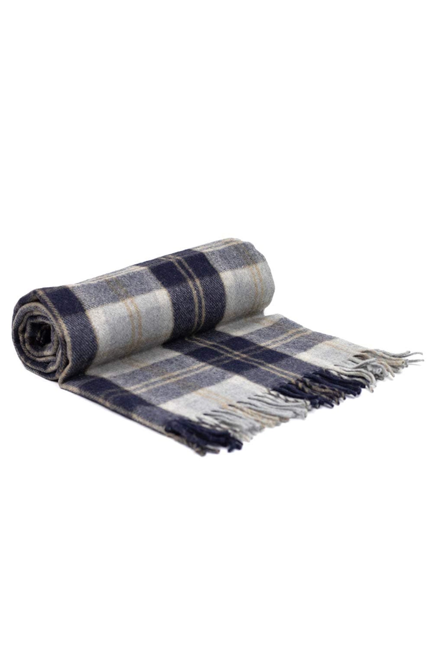 Recycled Wool Tartan Blanket in Bannockbane Silver, rolled with fringed edge unrolled, featuring navy and grey plaid pattern