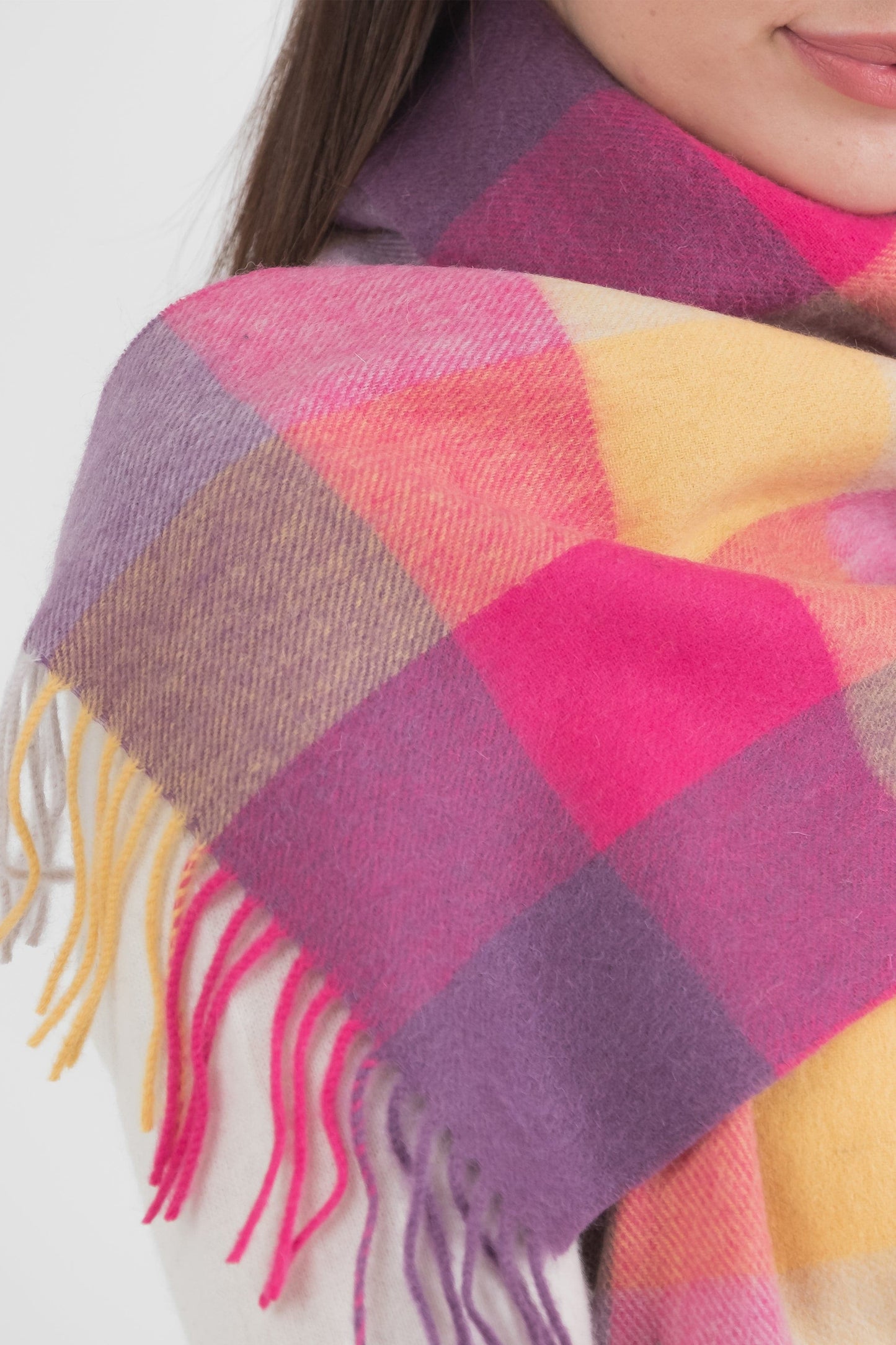 Lambswool Scarf - Yellow Pink Checkers
