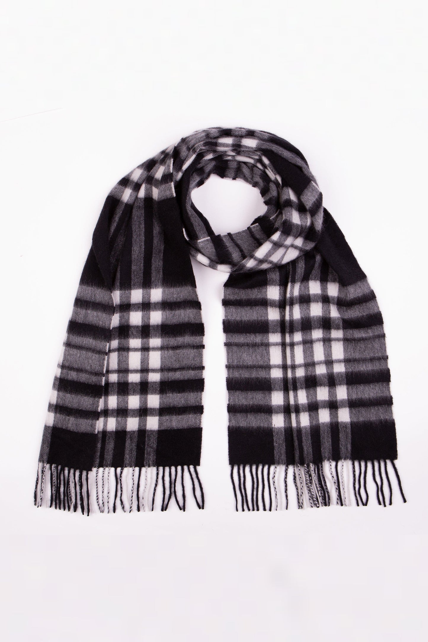 Heritage Tartan Lambswool Scarf in Exploded Black & White Menzies, looped at centre showing full plaid pattern and fringed ends