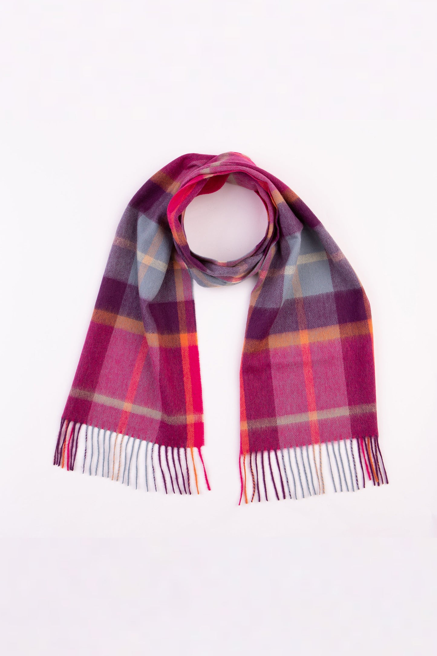 Scotty Thompson Lambswool Scarf in pink, plum, orange, and grey plaid pattern, looped to show fringe detail