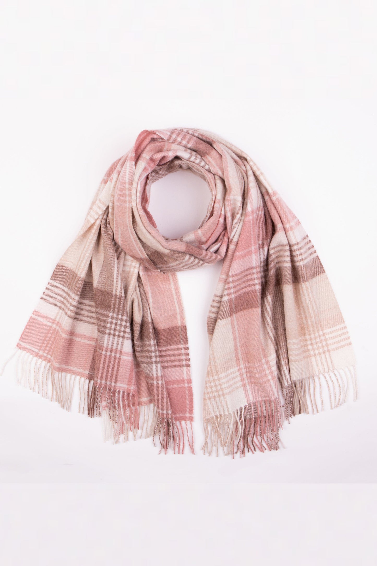Repeat Edge Lambswool Stole in Natural displayed loosely looped, showing pink and beige plaid pattern with fringed ends