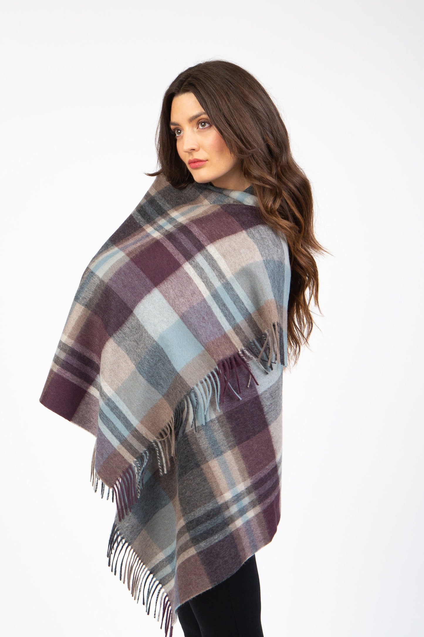 Square Check Lambswool Stole - Damson